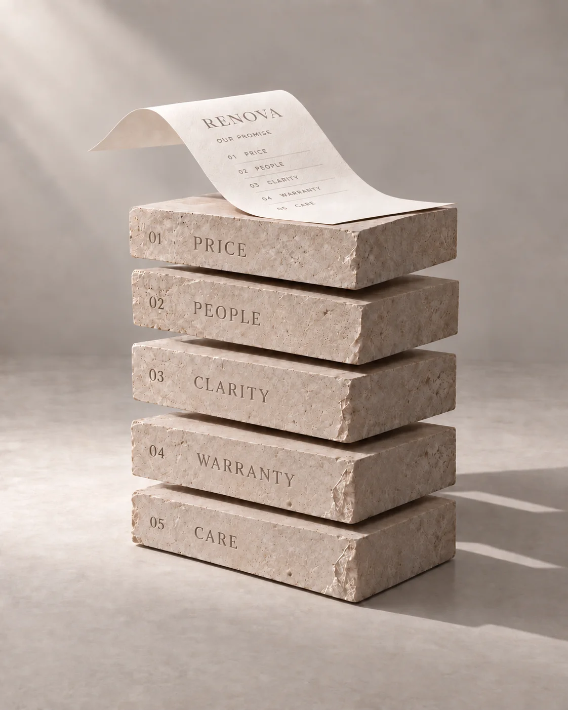Concept sculpture: a RENOVA promise sheet resting on five limestone blocks engraved Price, People, Clarity, Warranty, and Care.