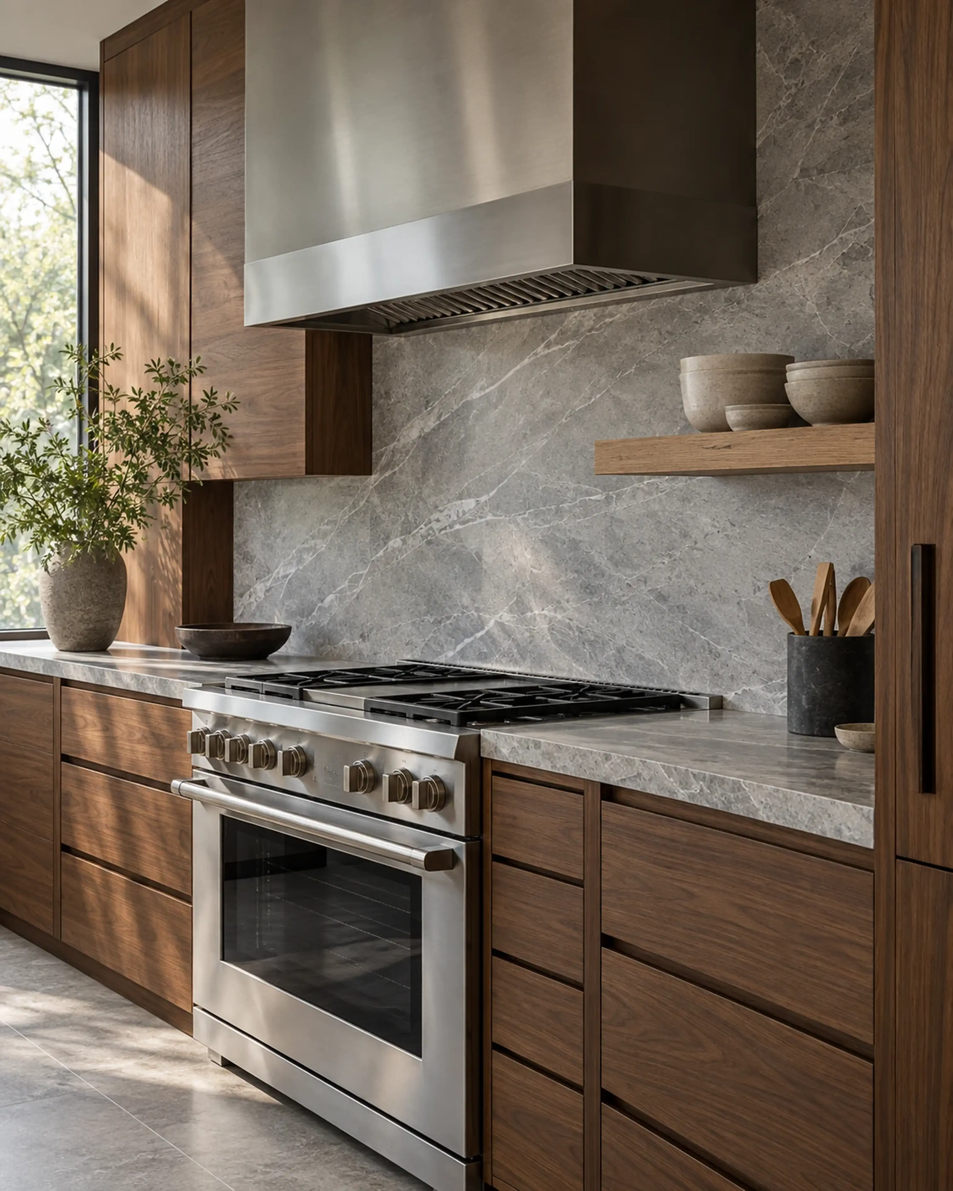 Walnut range wall with honed gray stone, stainless steel and precise flush joinery — RENOVA design concept.