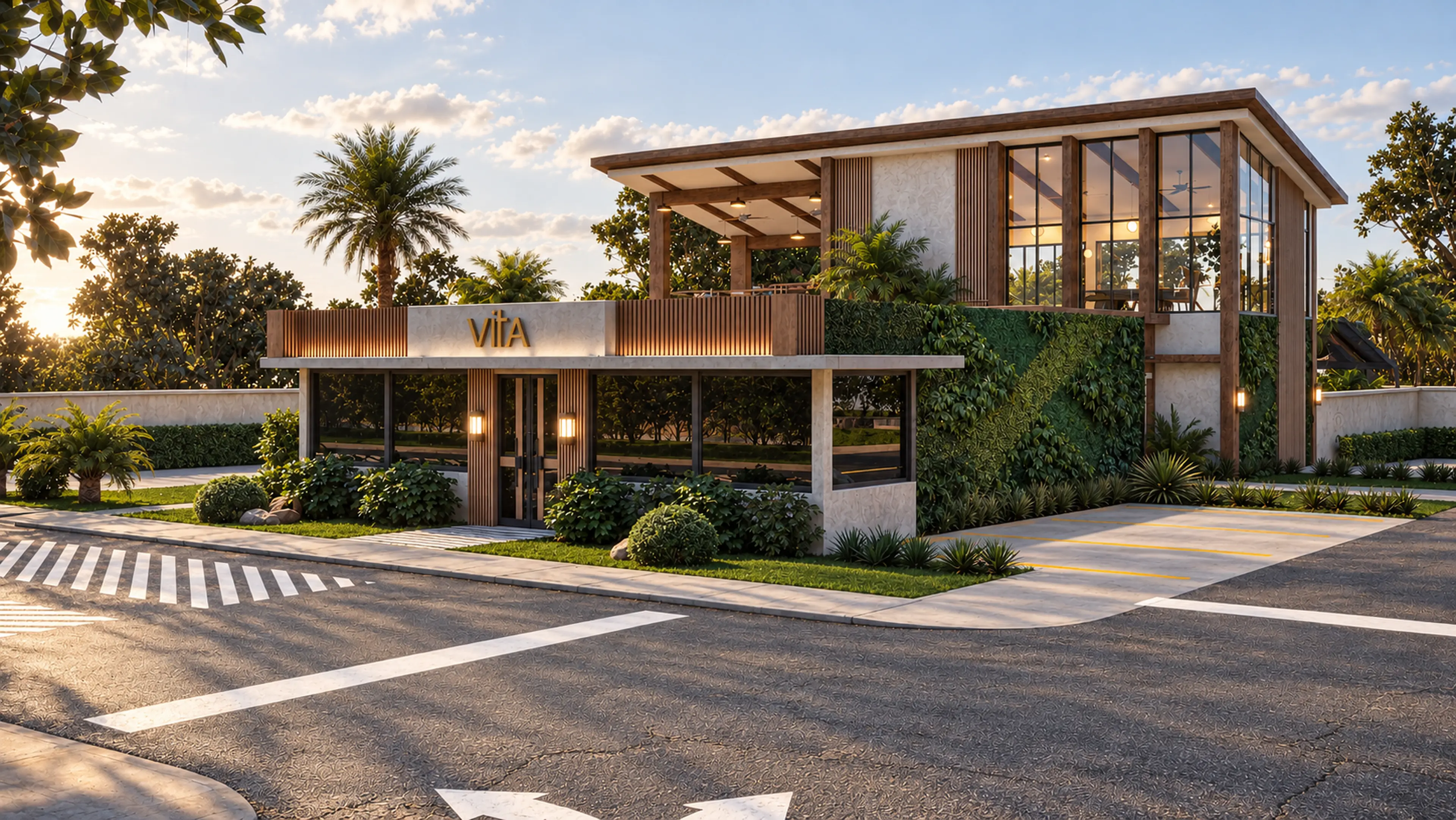 Wellness center exterior with upper-level glazing and a street entrance.