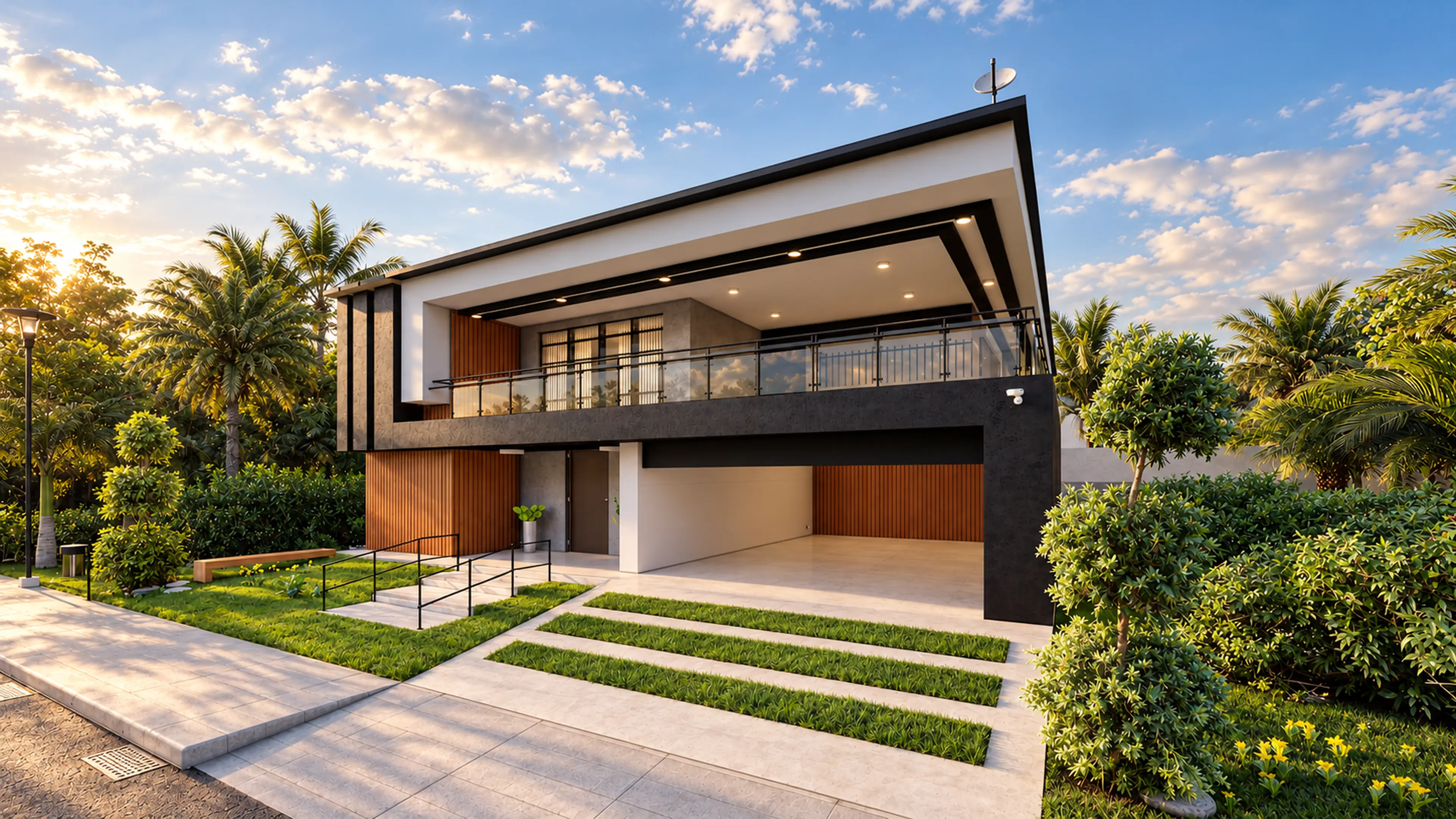 Modern two-story home with an upper balcony and covered parking.