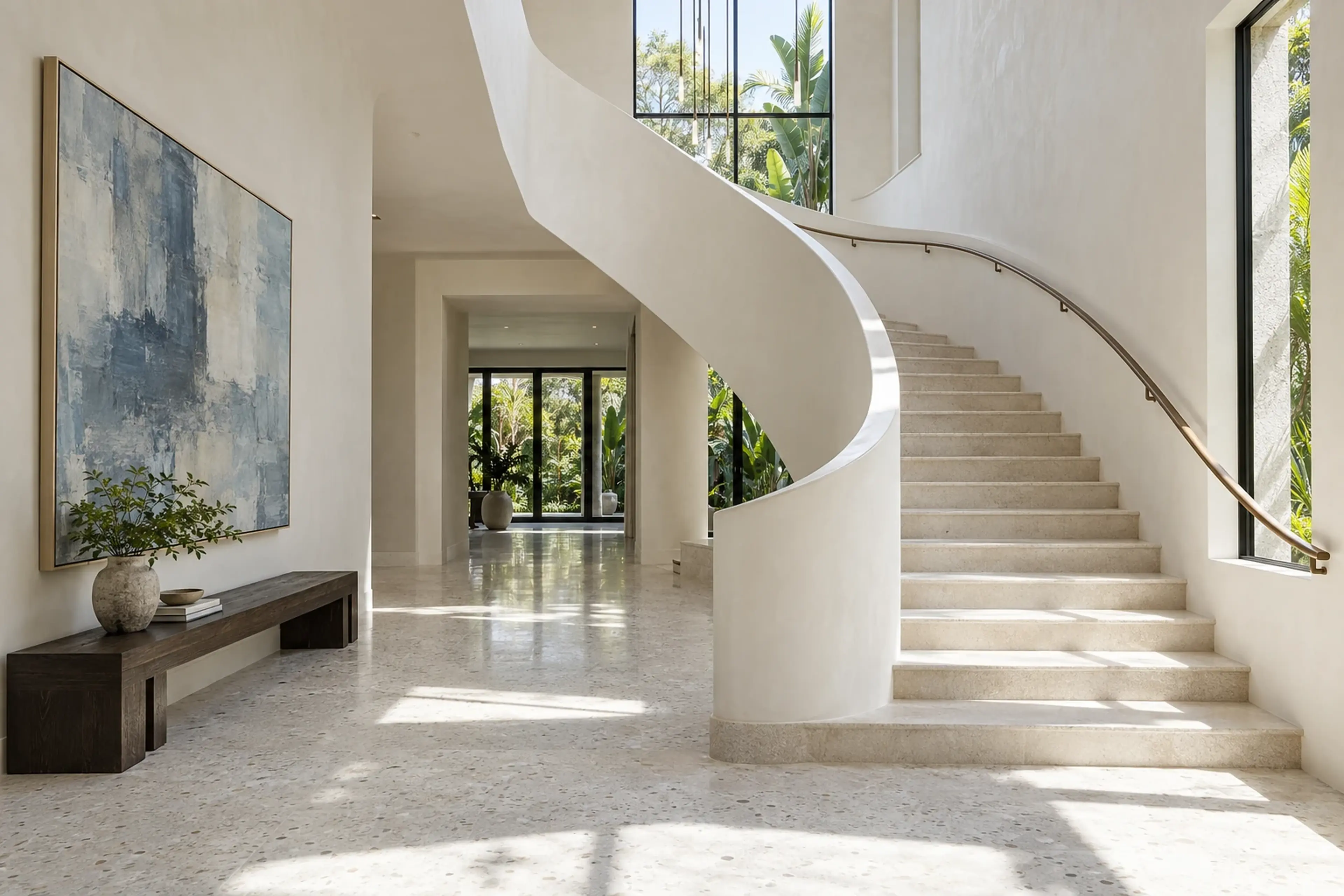 Luminous curved plaster staircase with limestone treads and blue artwork — RENOVA design concept.