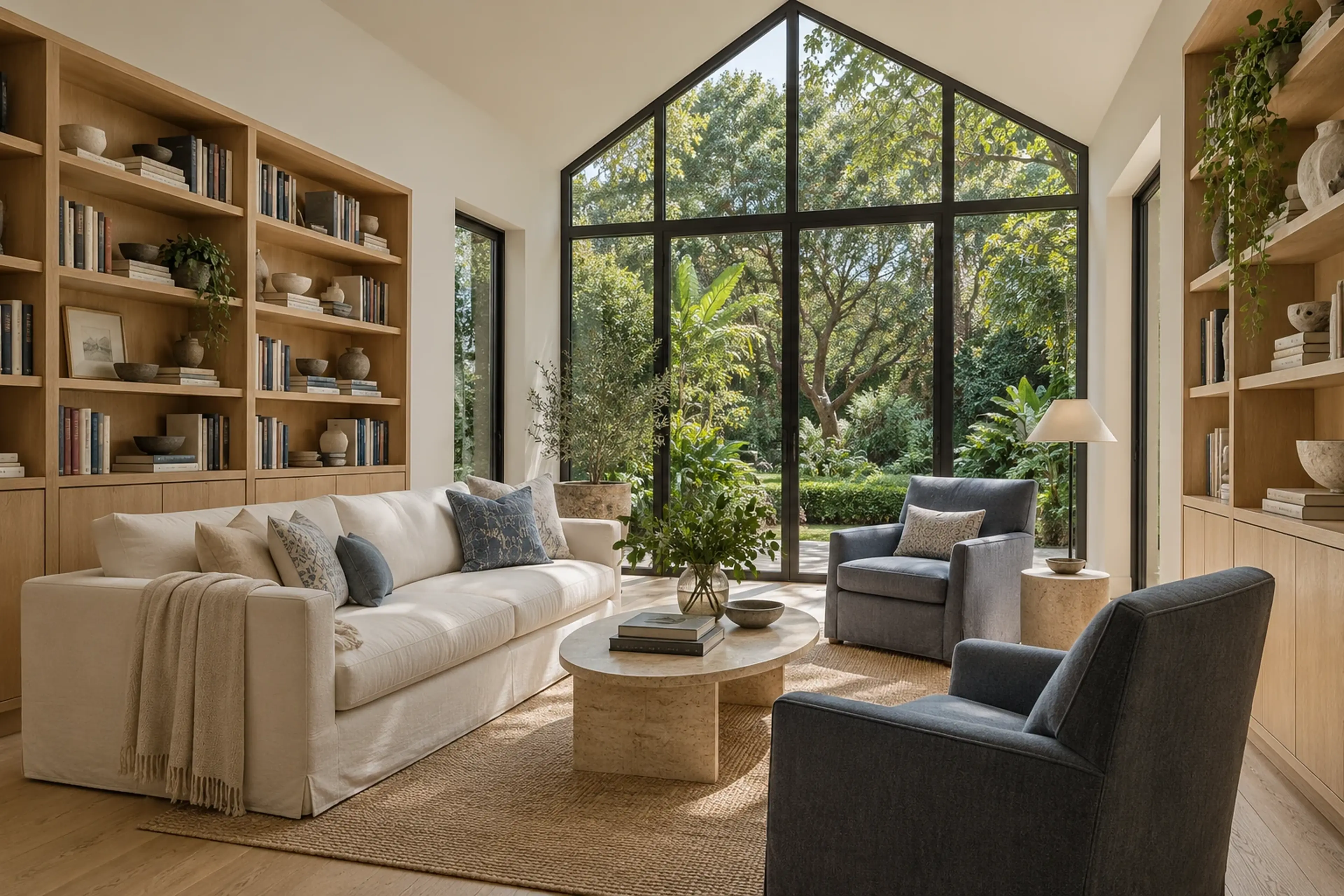 Light-filled library addition with a glazed gable, built-in shelves and a leafy garden — RENOVA design concept.