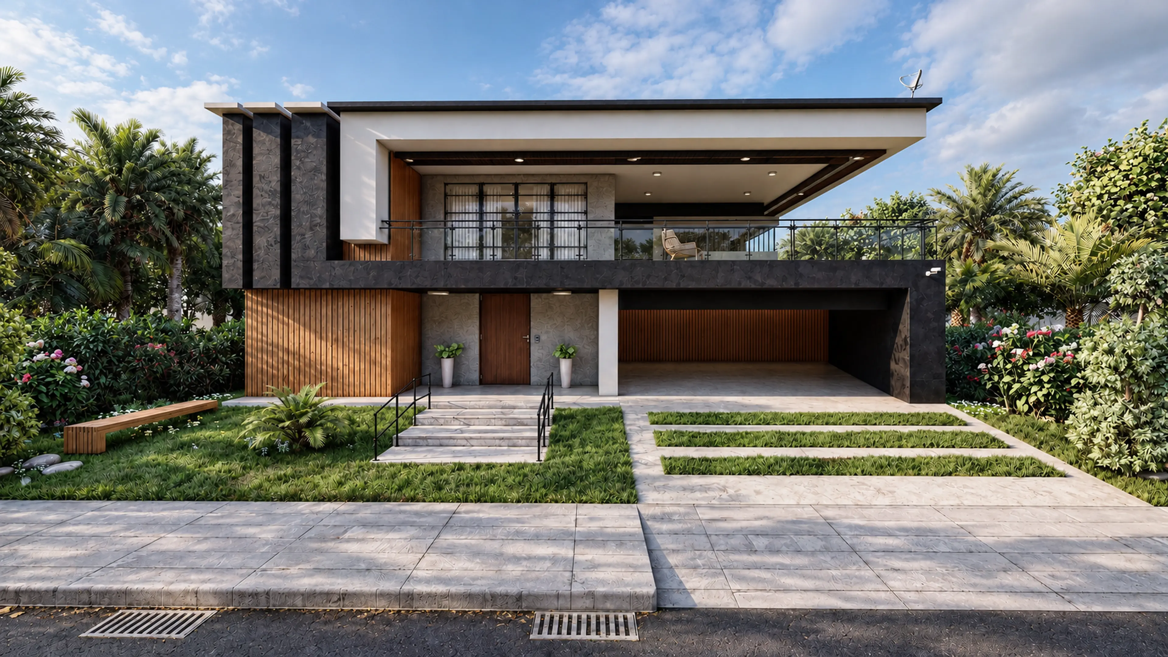Front elevation with a broad balcony above the driveway.