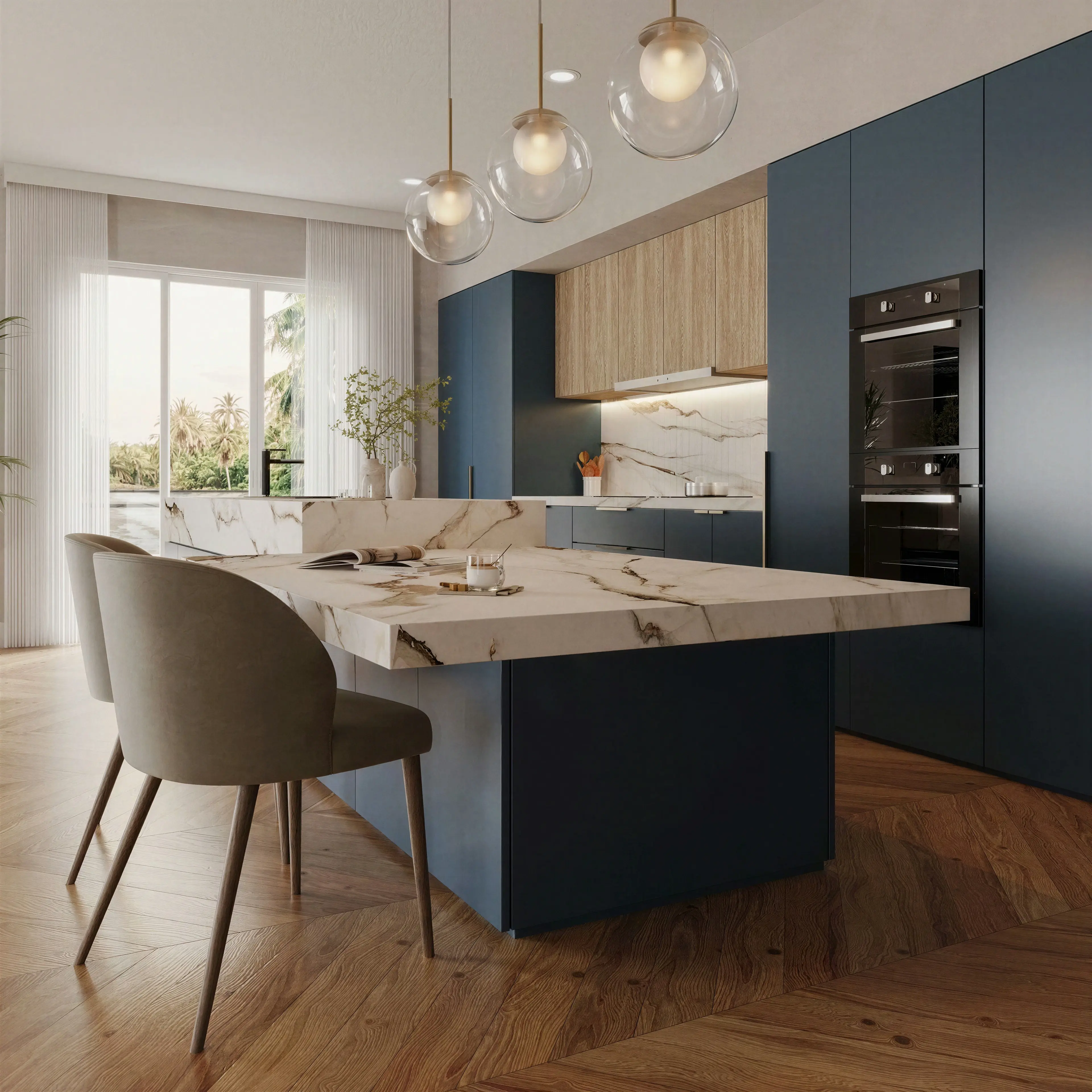 Boca Raton kitchen with navy cabinetry, marble island, and glass pendant lights