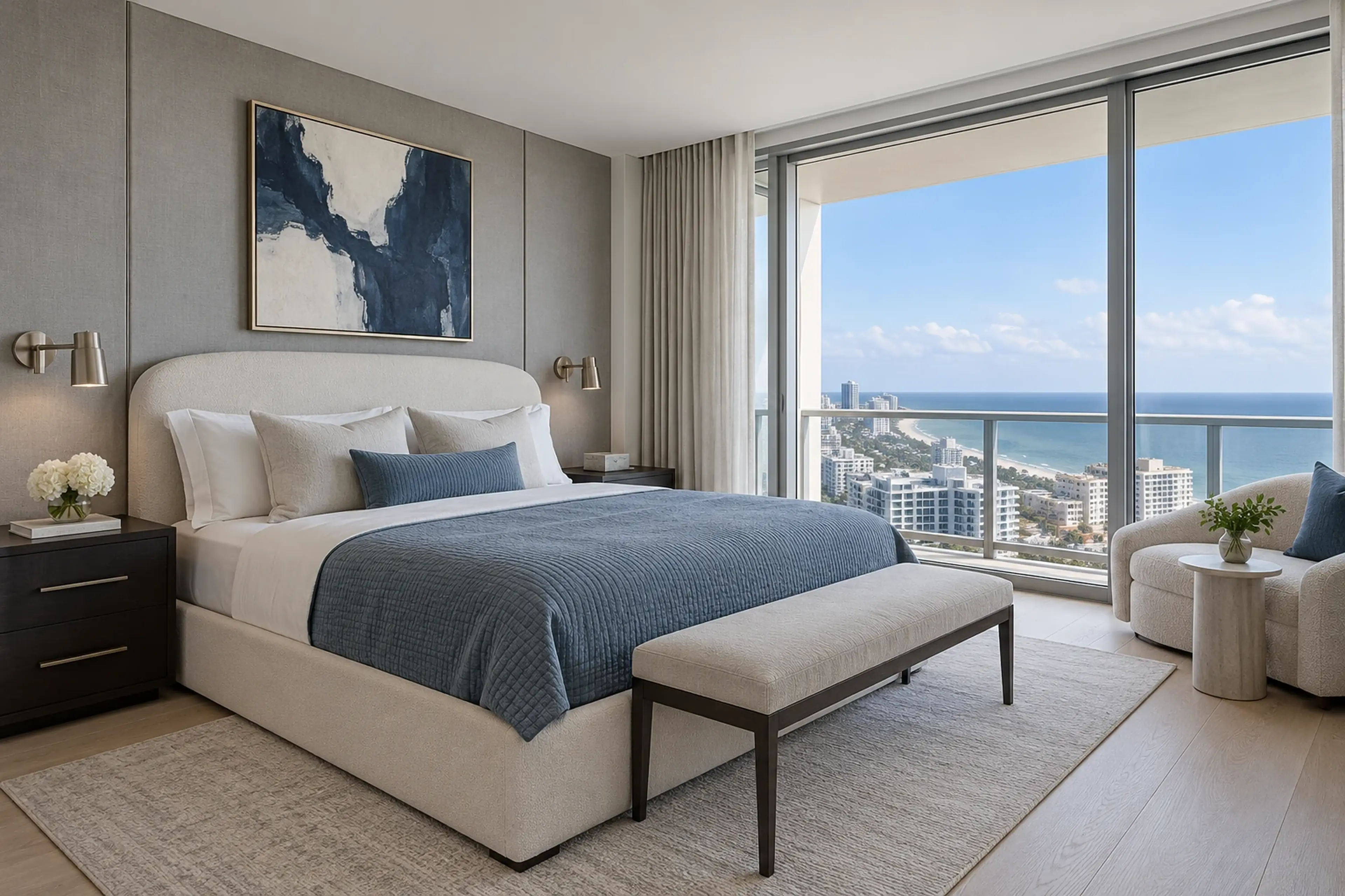 High-rise bedroom with mist-blue textiles, tailored paneling and an Atlantic skyline view — RENOVA design concept.