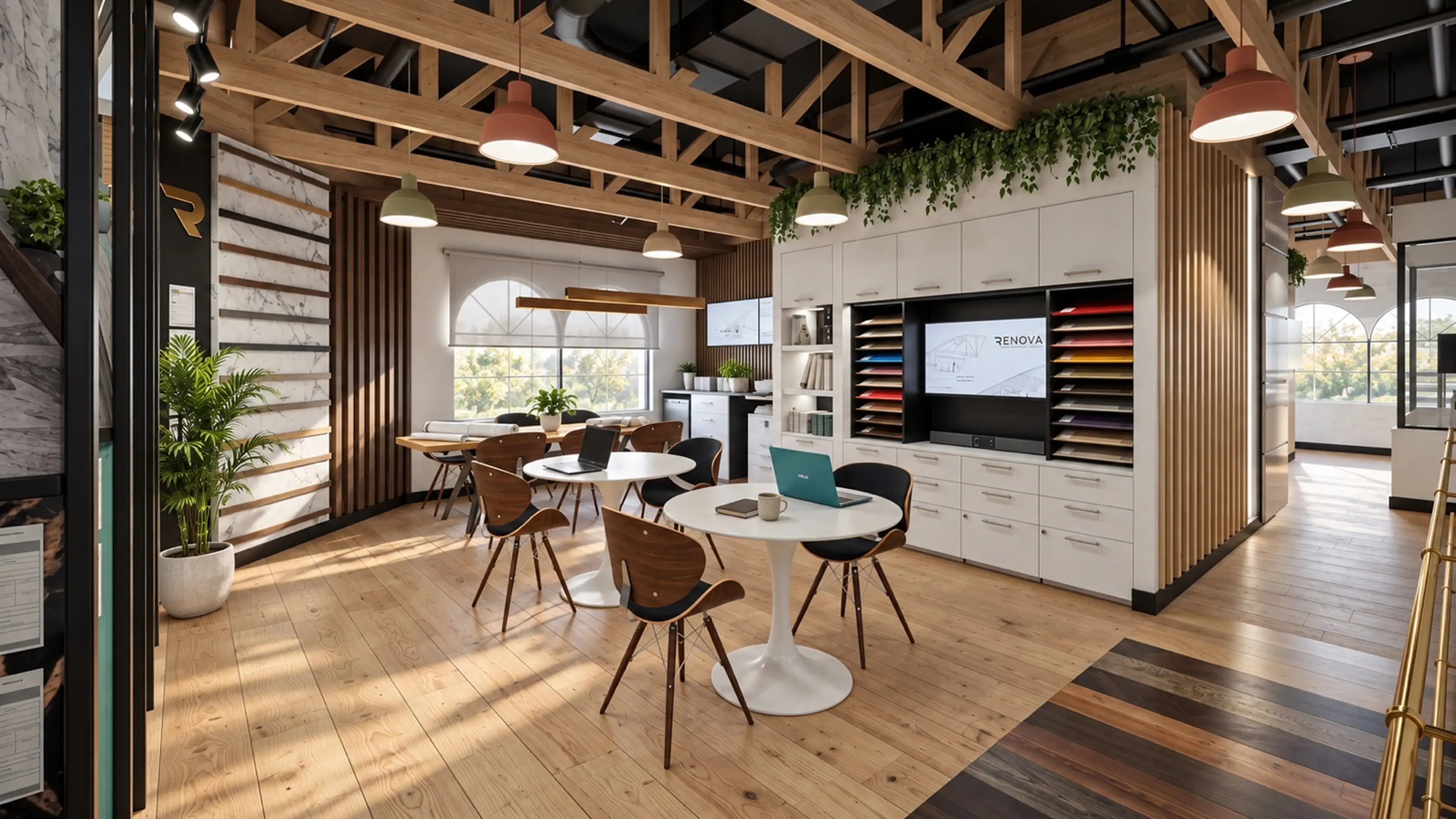 RENOVA’s Delray Beach design studio with exposed timber beams, material sample displays, greenery and round consultation tables.