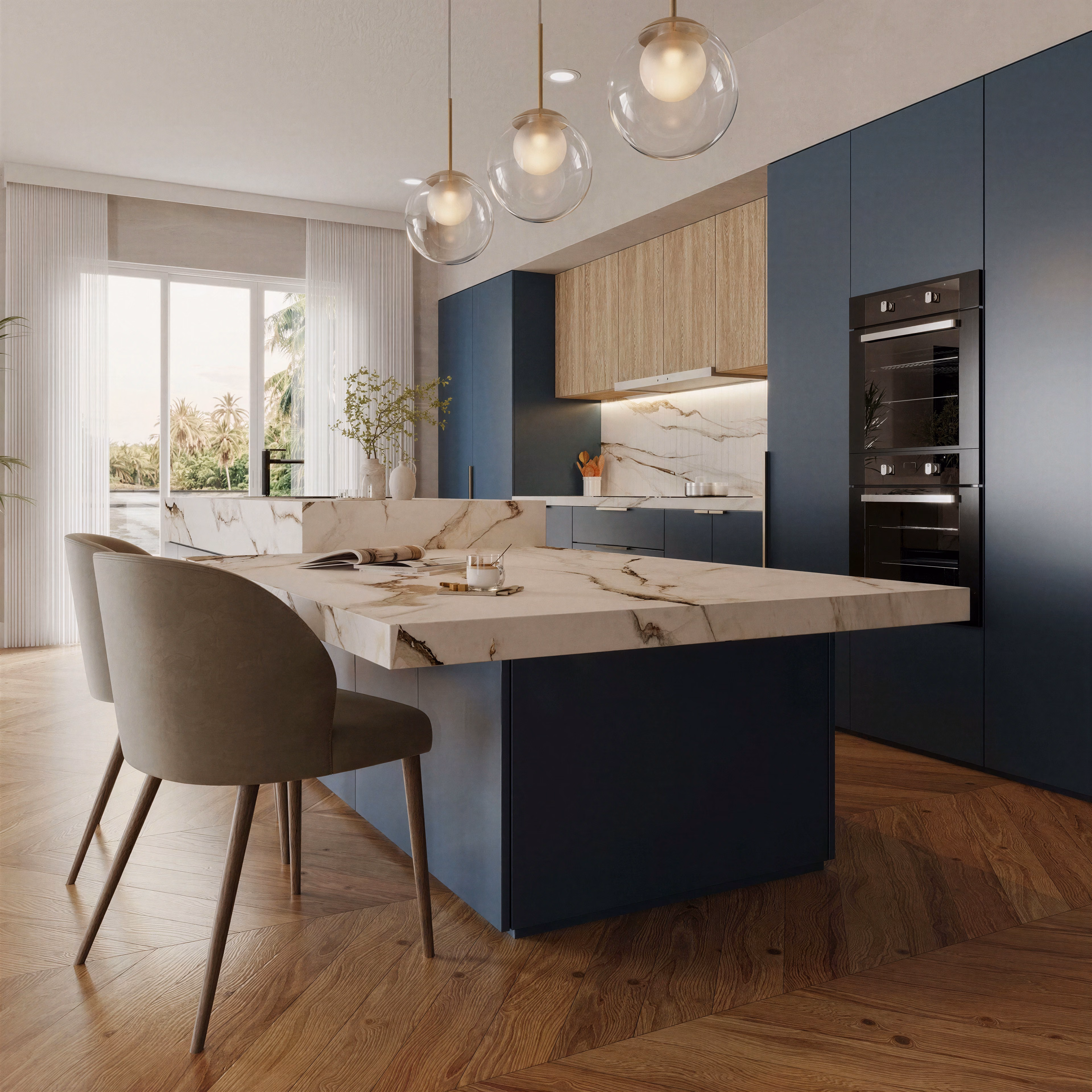 Boca Raton kitchen with navy cabinetry, marble island, and glass pendant lights