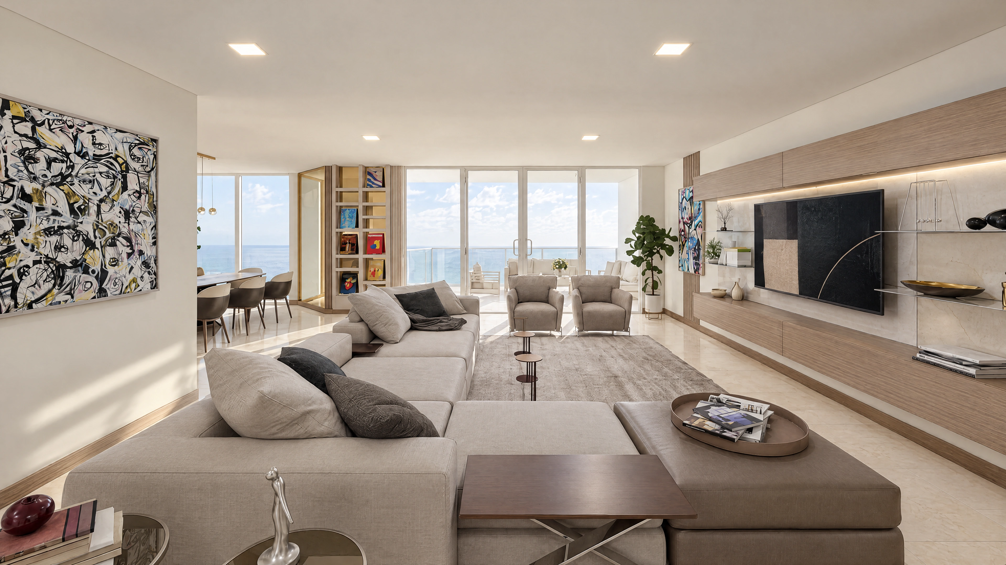 Open apartment living area with a long media wall.