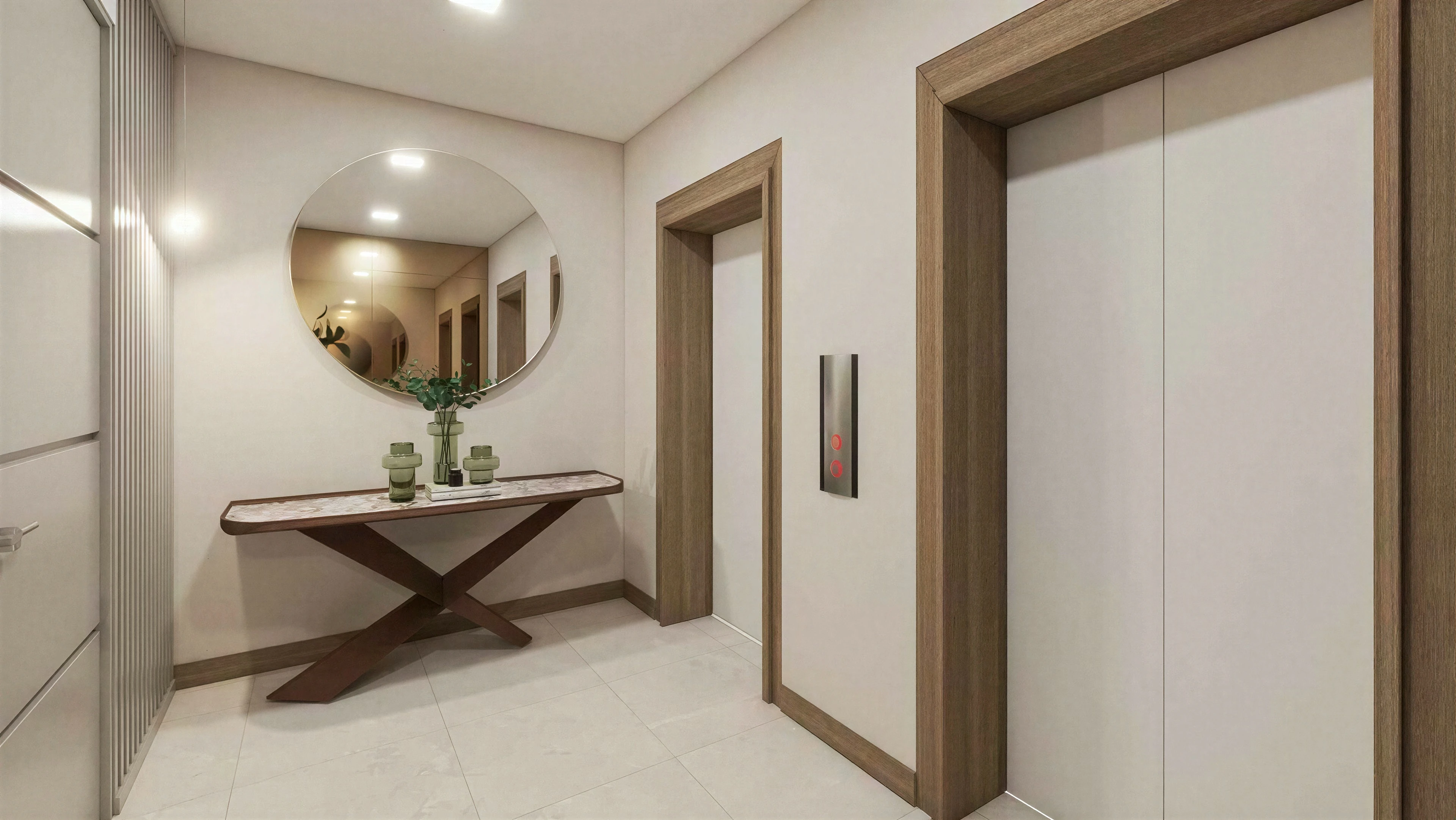 Apartment entry with a wood console and round mirror.