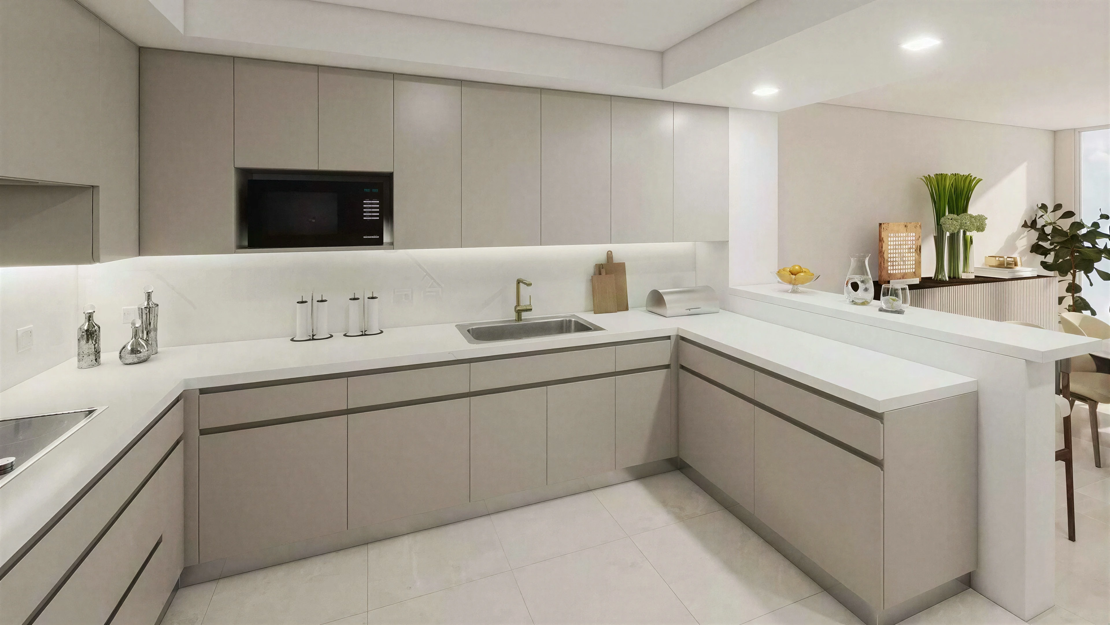 Kitchen with pale cabinetry and a stone worktop.