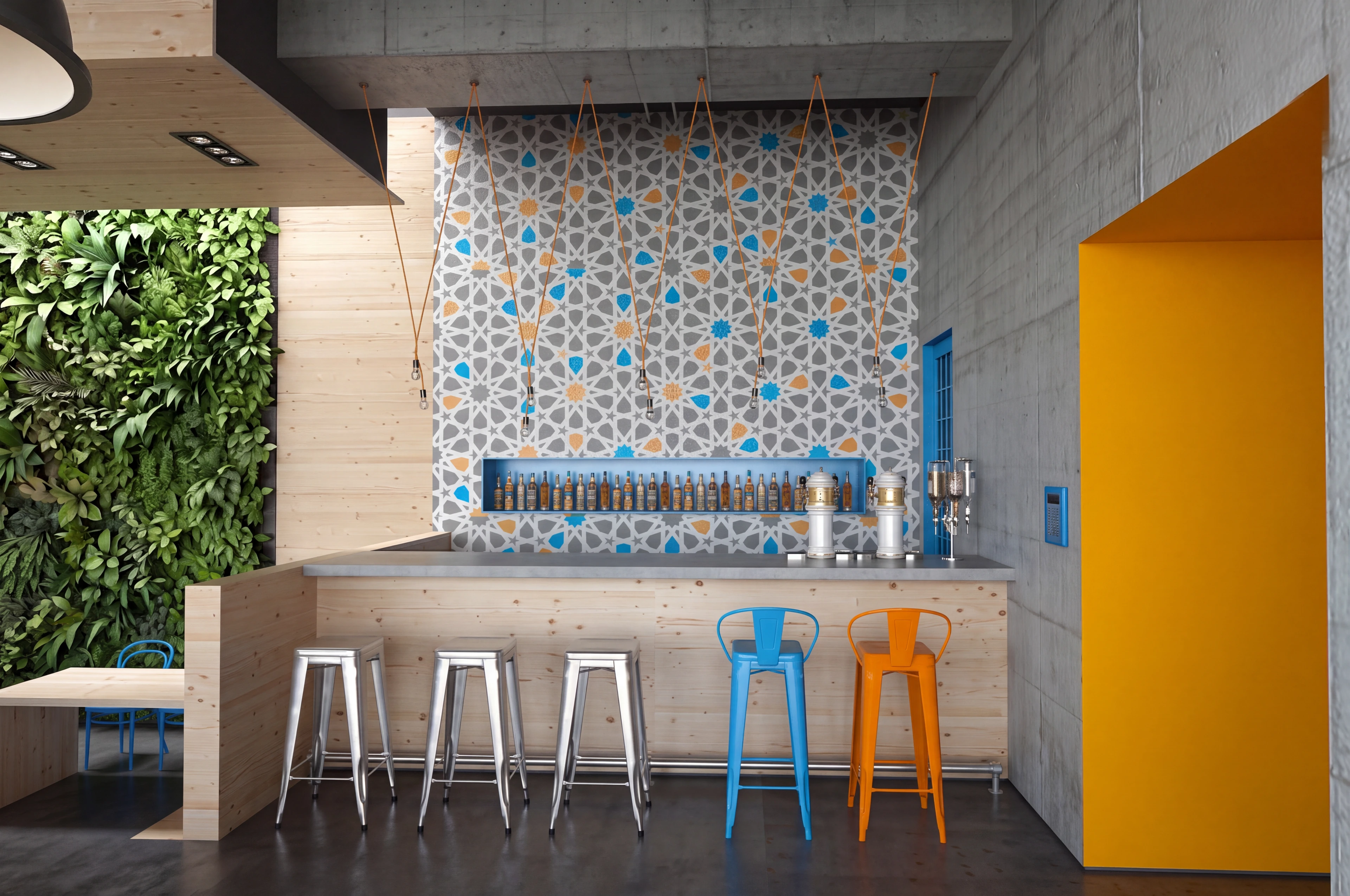 Bar counter with metal stools and a colorful tiled feature wall.