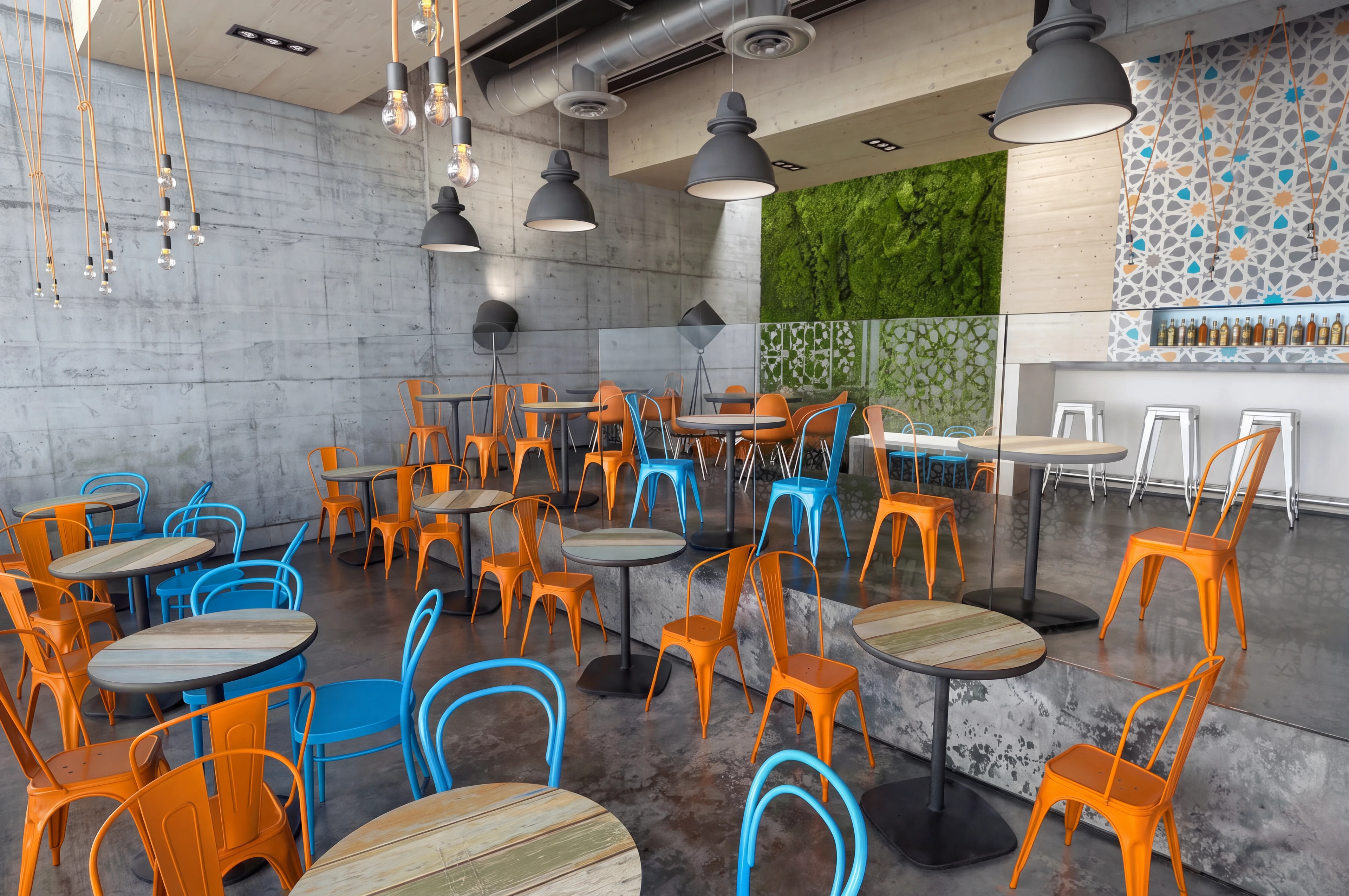 Café-style seating beside the long bar counter.
