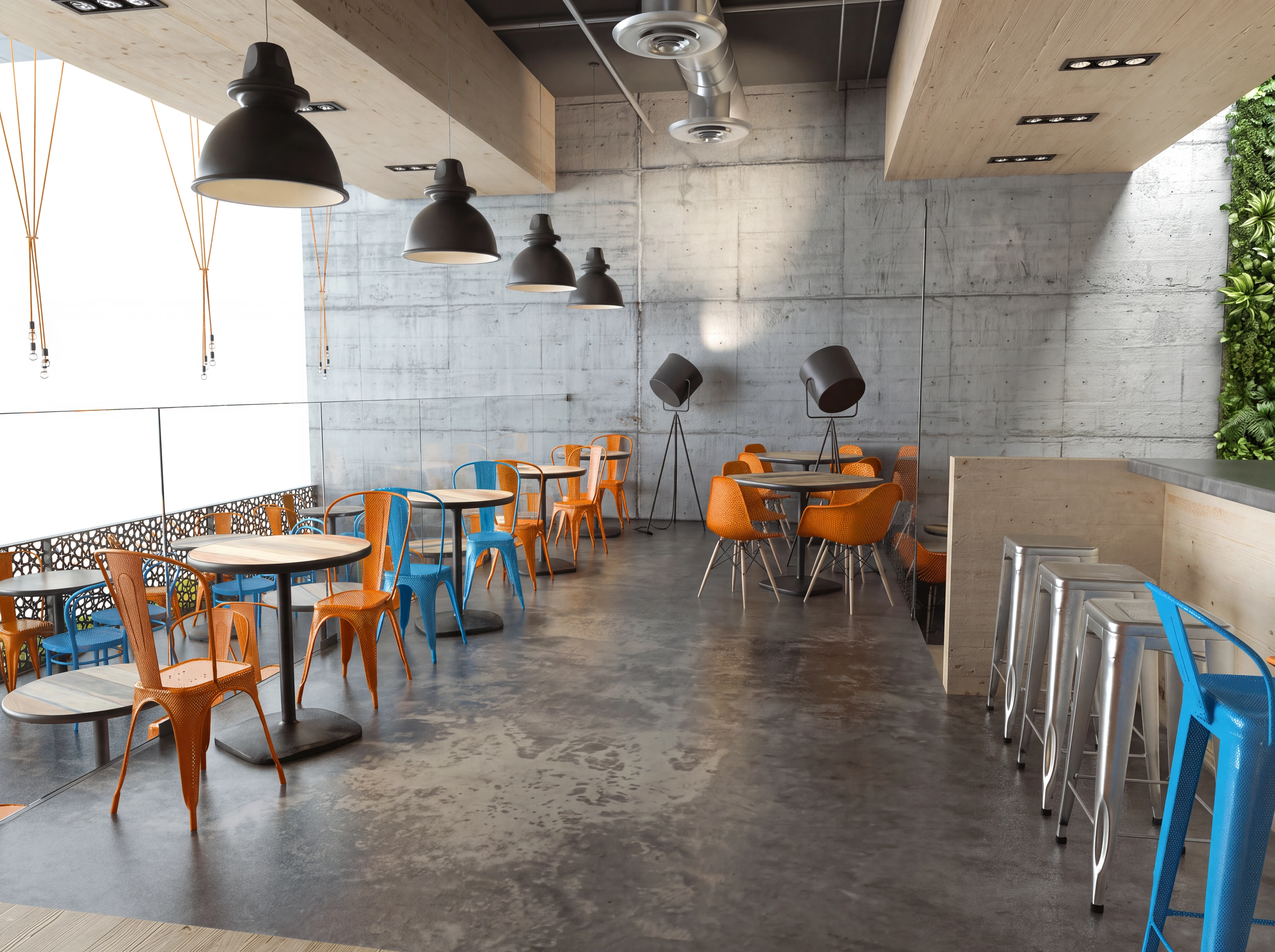 Wide bar interior with café tables and a long counter.