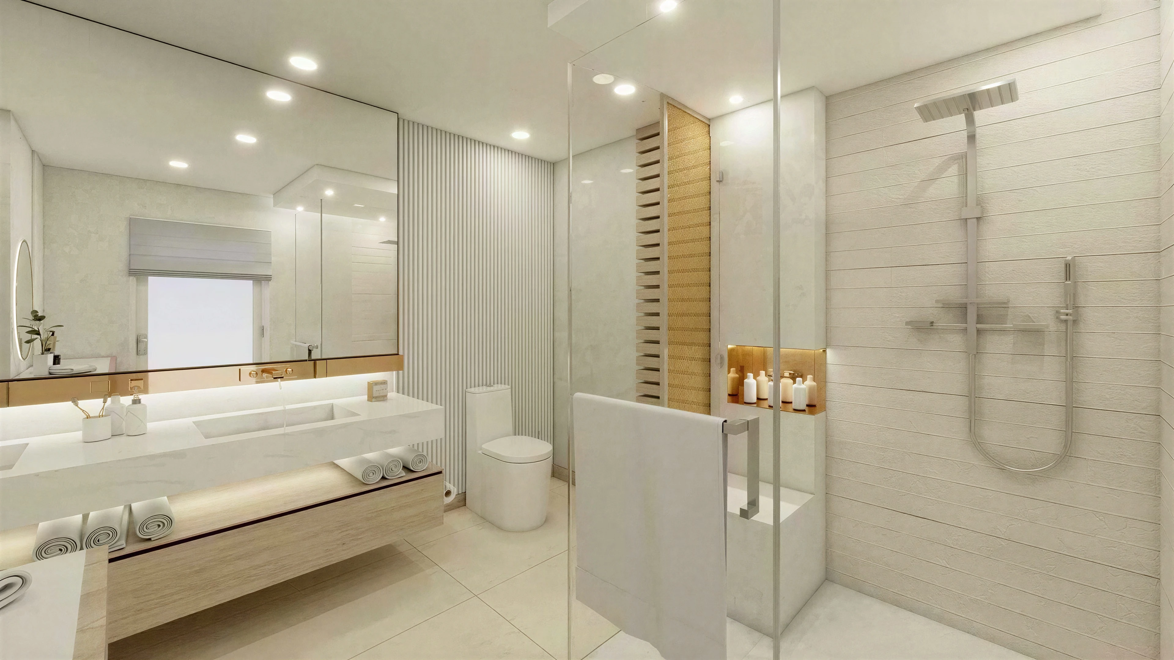 Bathroom with a long vanity and glass shower enclosure.