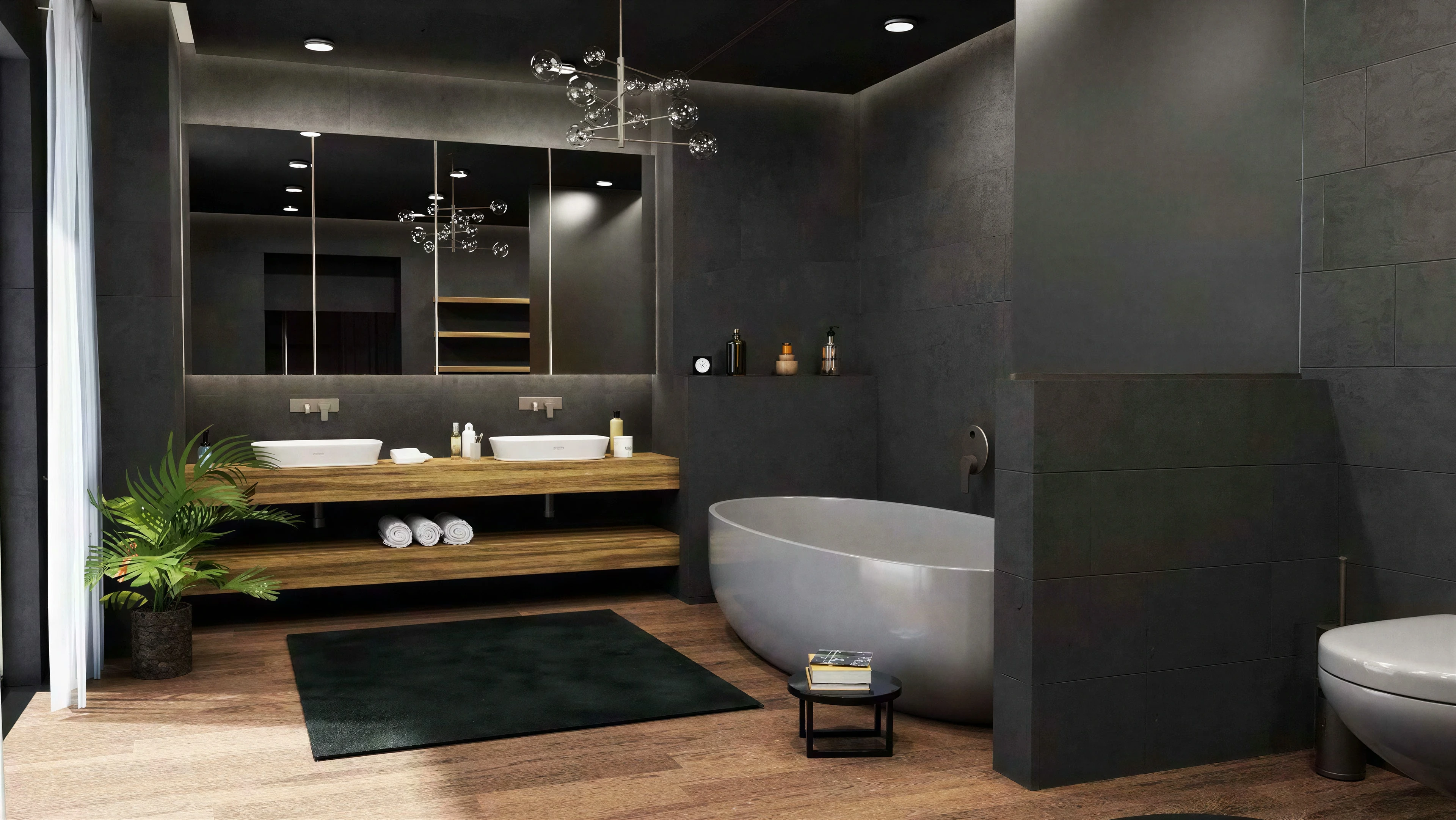 Dark bathroom with a wood vanity and freestanding tub.