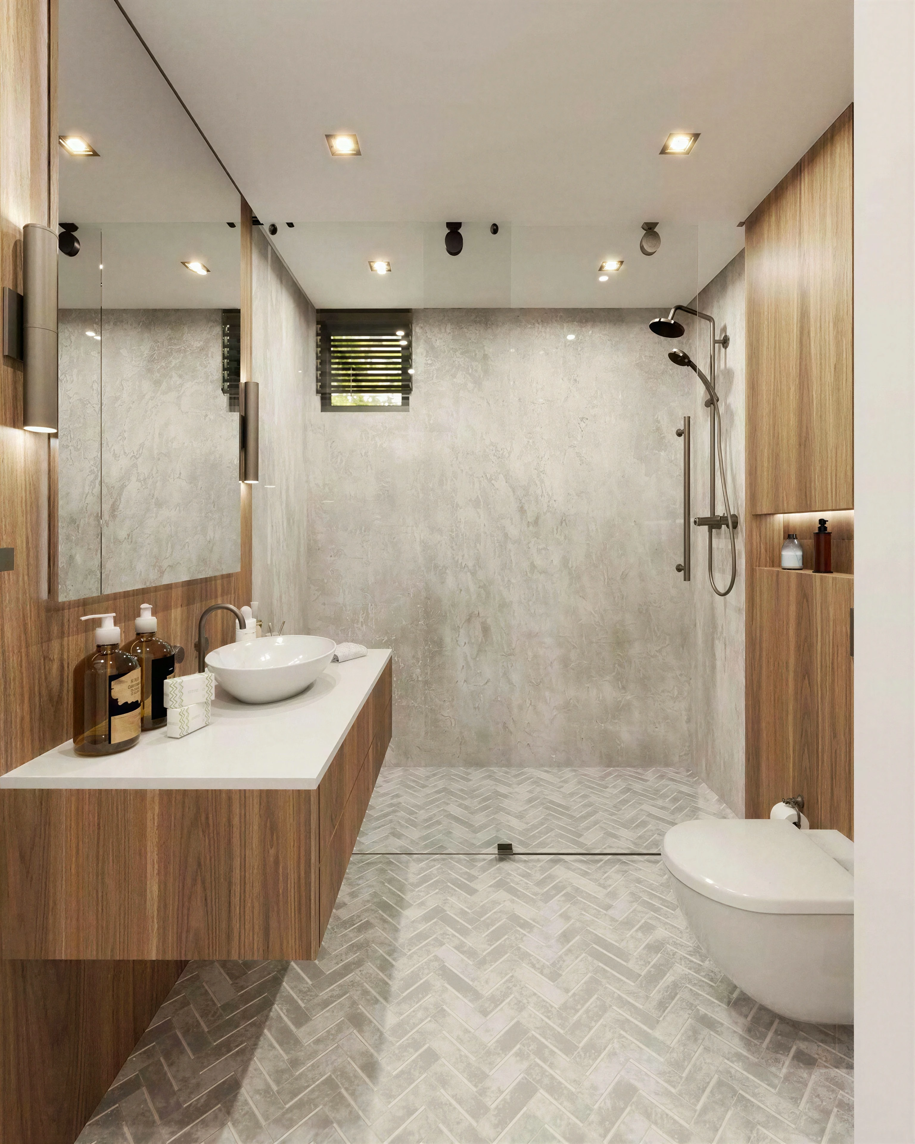 Bathroom with a floating wood vanity and glass shower enclosure.