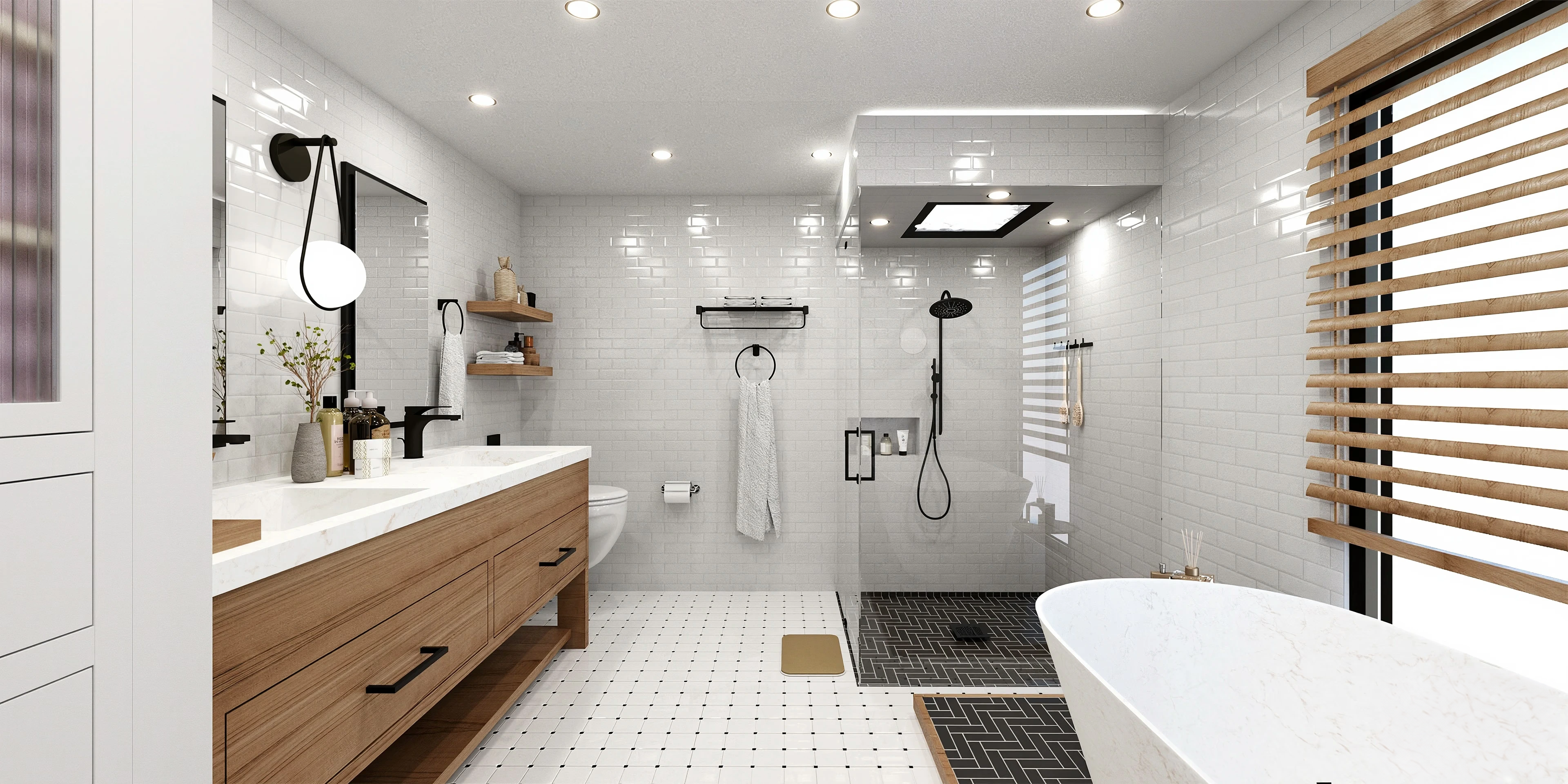Bathroom with a freestanding tub, white wall tile and wood window slats.