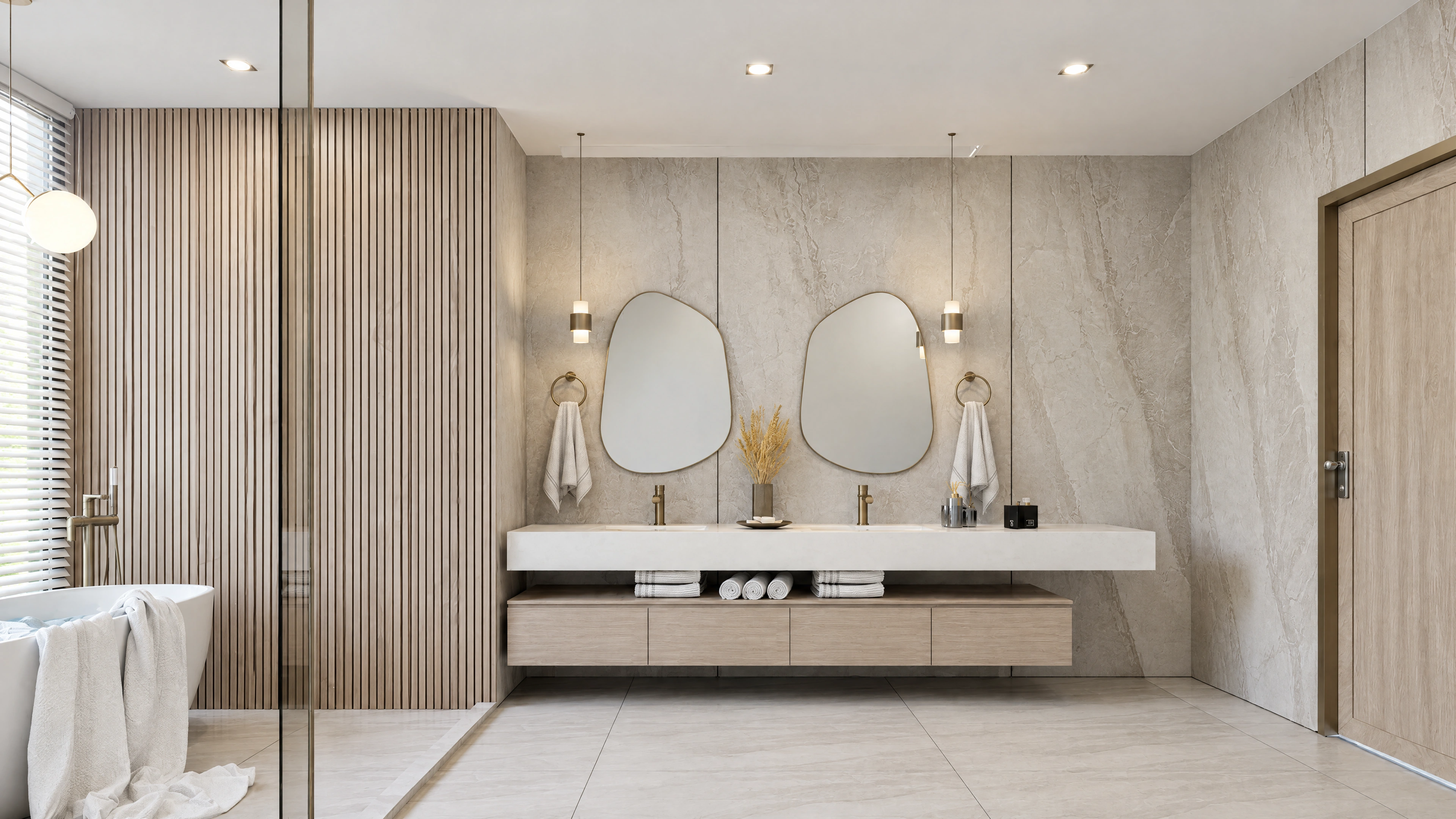 AI-enhanced project view — Double vanity beneath round mirrors and wall-mounted lights.