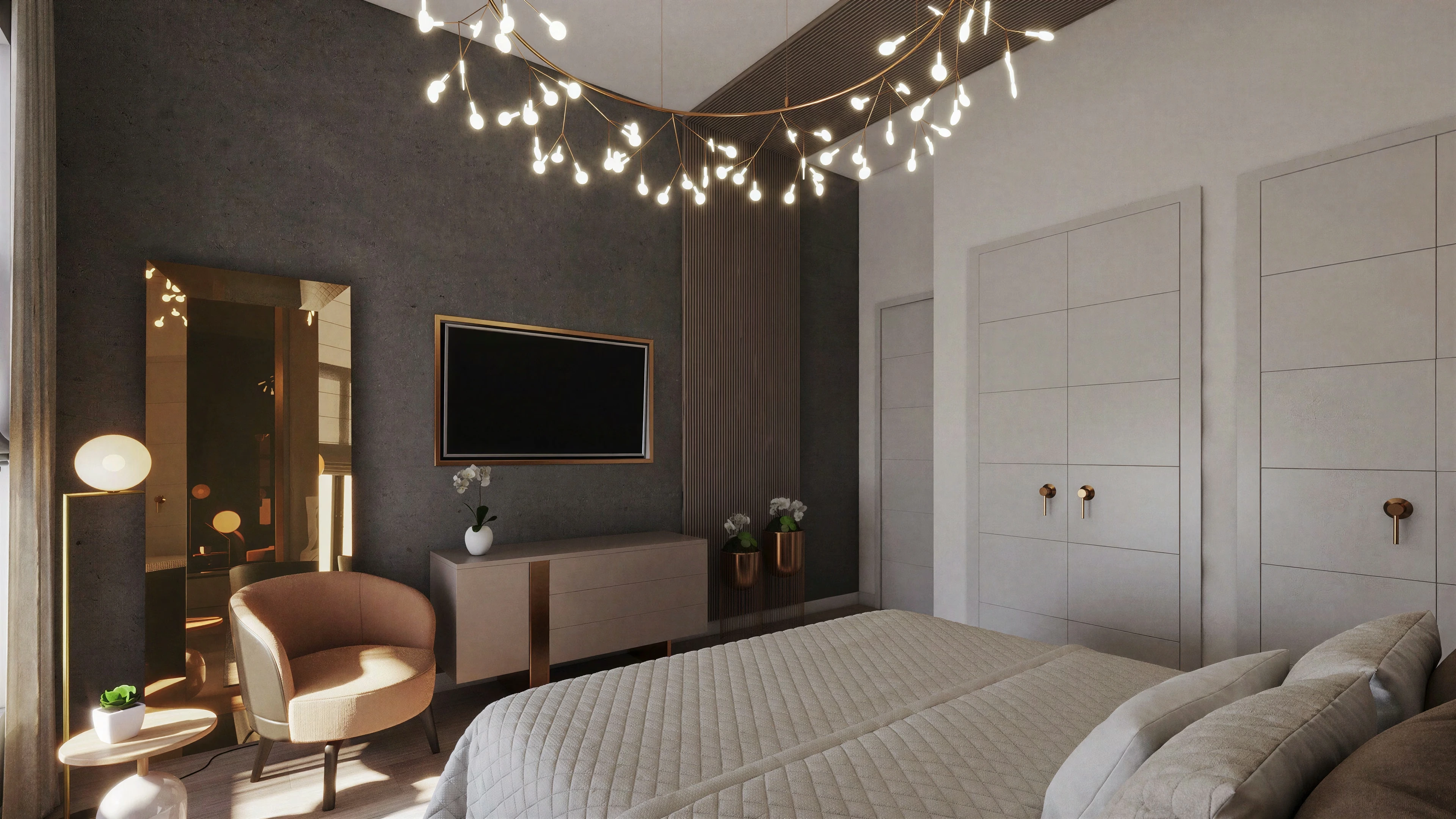 Bedroom viewed toward the television and sitting area.