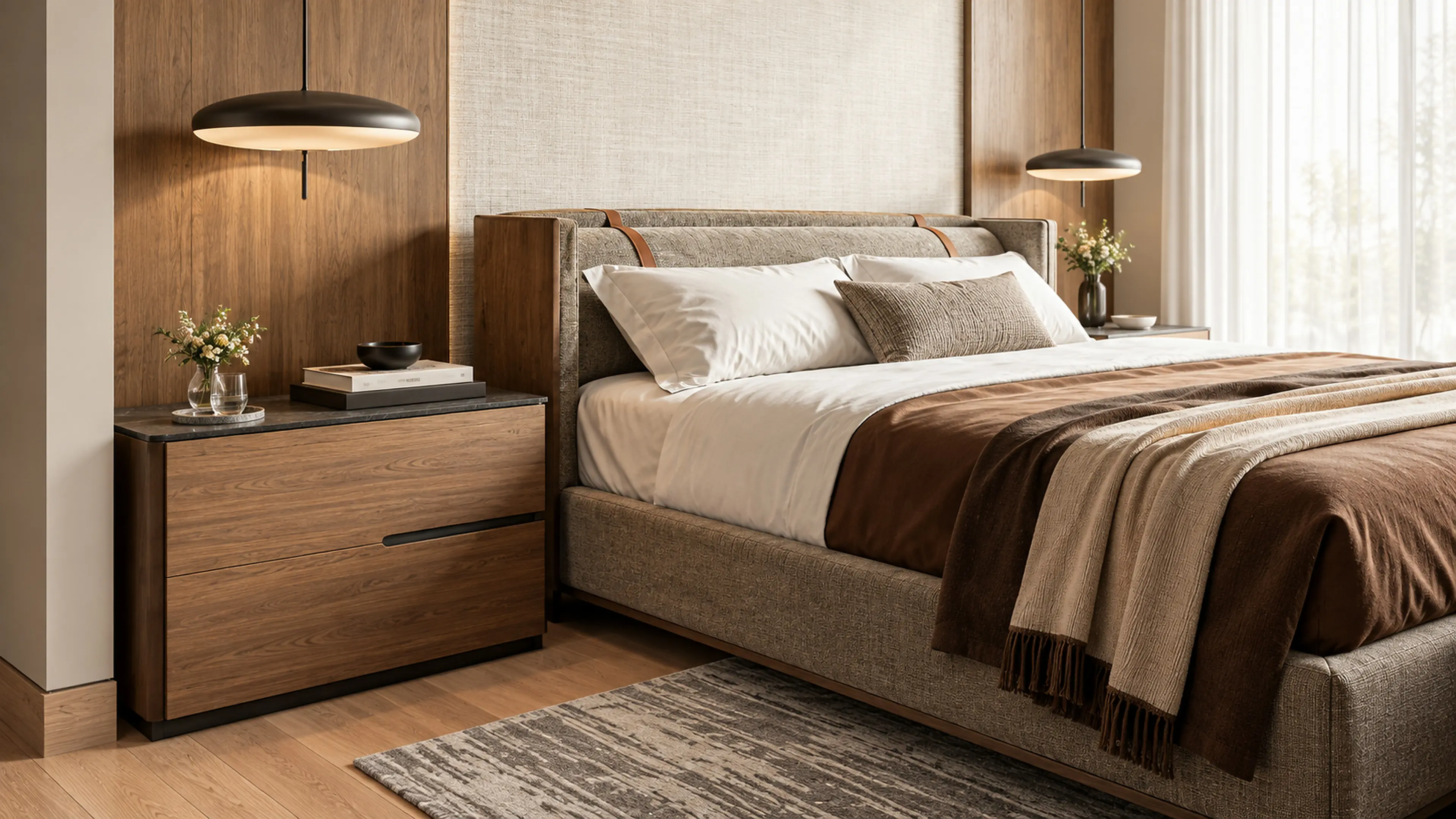 A close view of warm oak bedside joinery, an upholstered headboard, and suspended oval pendant lighting.