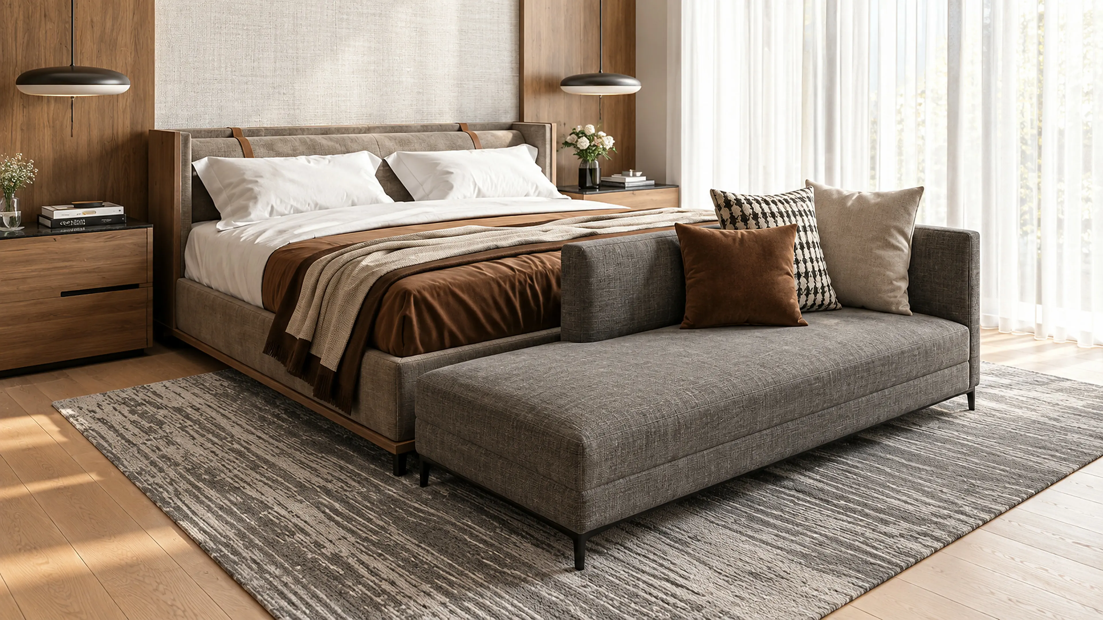 A tailored upholstered bench and layered neutral textiles at the foot of the bed.