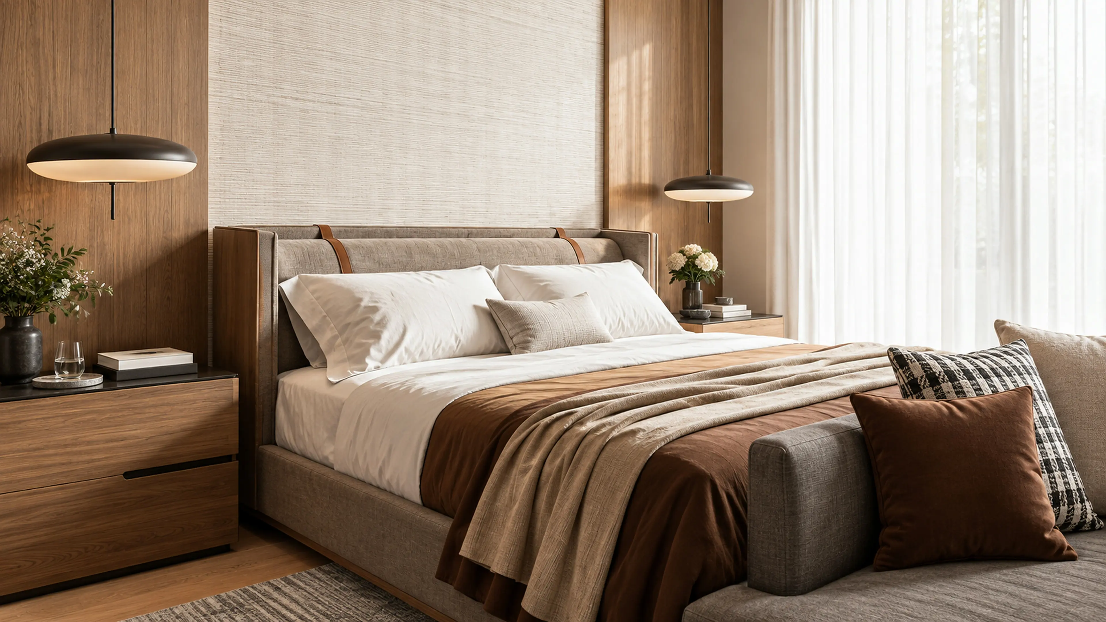 A detailed view of the textured headboard framed by custom warm oak millwork.