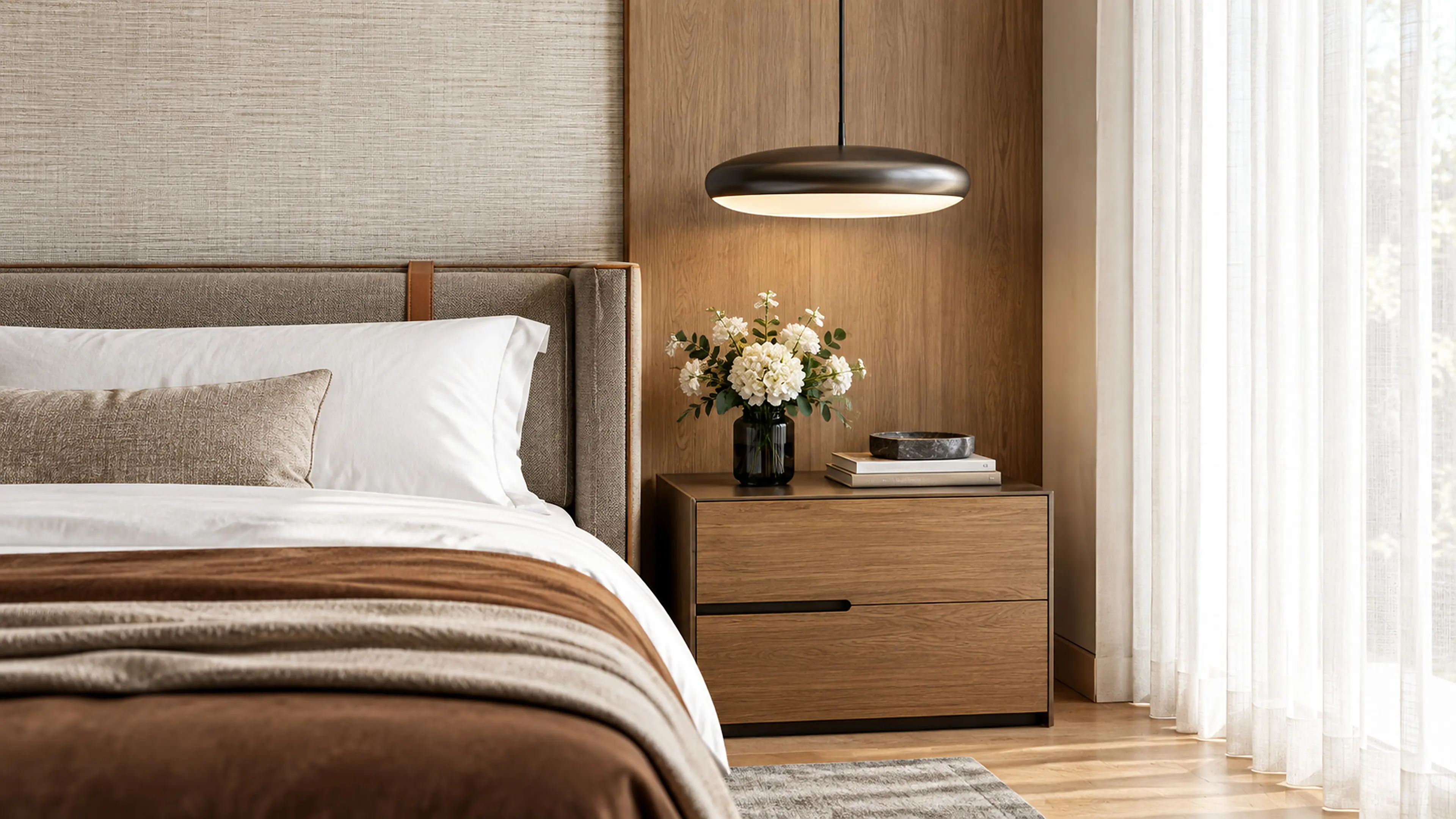A suspended oval pendant above the bedside surface with coordinated wood and textile finishes.