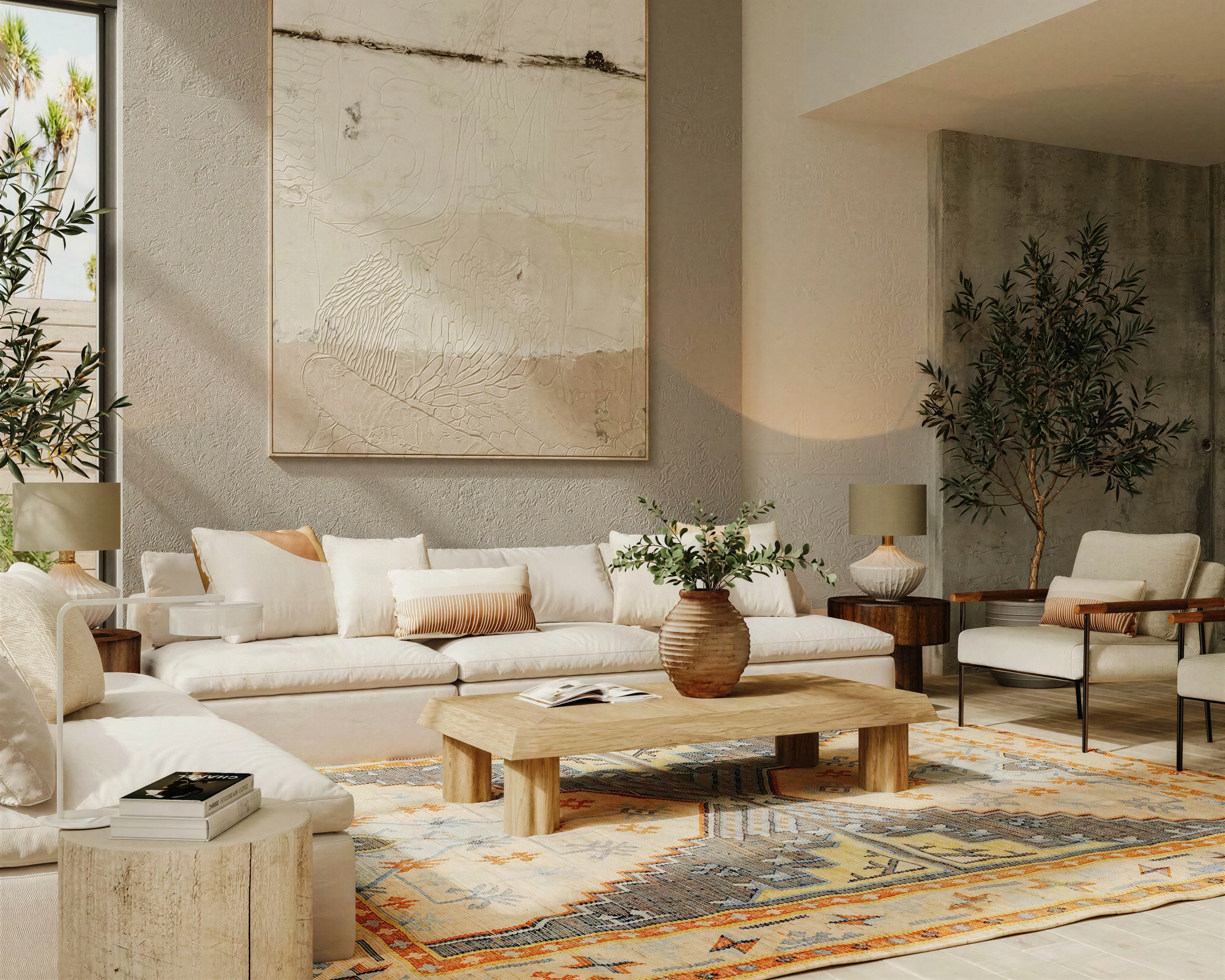 Sofa and coffee table beside a full-height glazed corner.