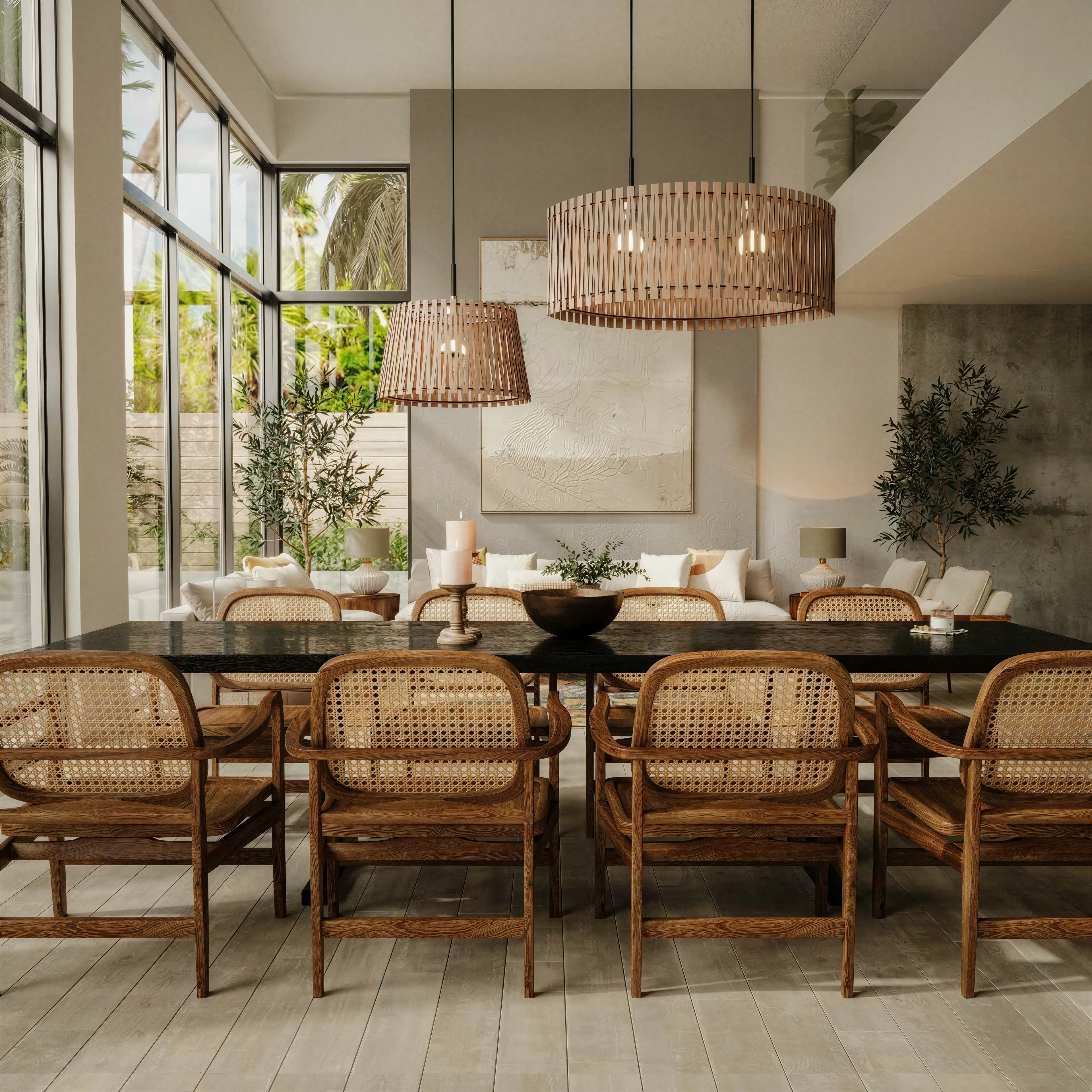 Dining table beneath woven pendant shades.