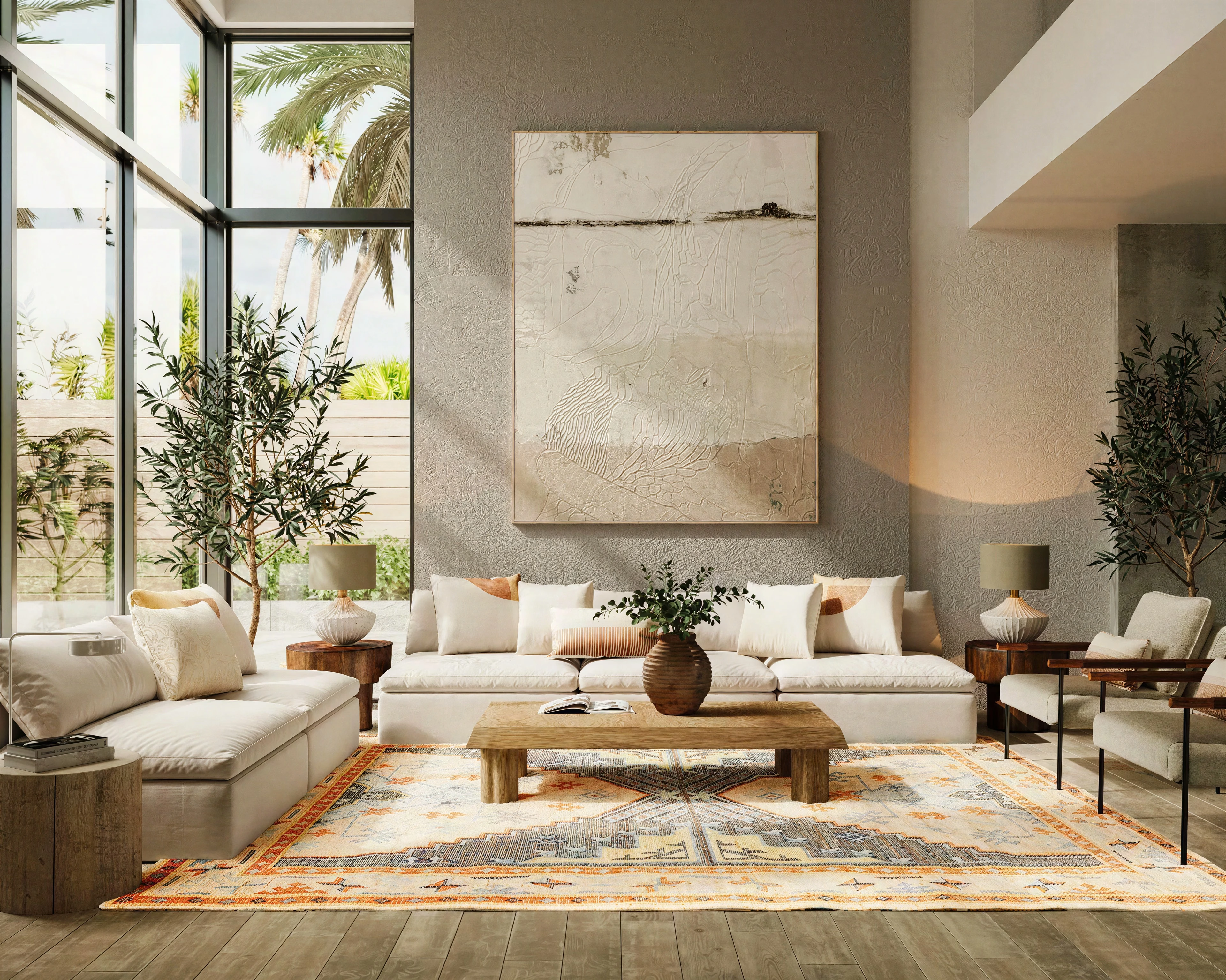 Living room with tall windows and a pale textured feature wall.