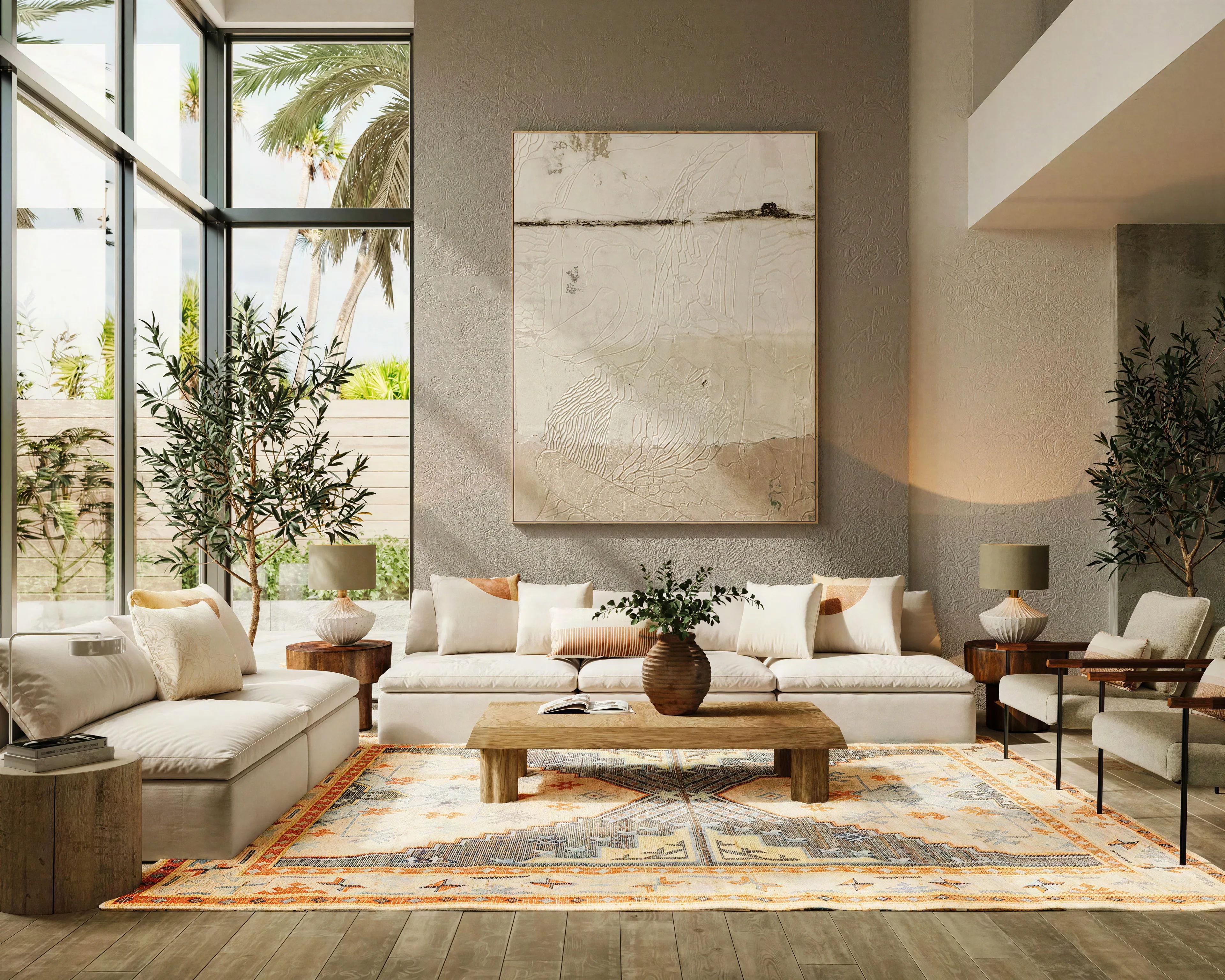 Wellington living room with tall windows, cream sofas, and a natural wood coffee table
