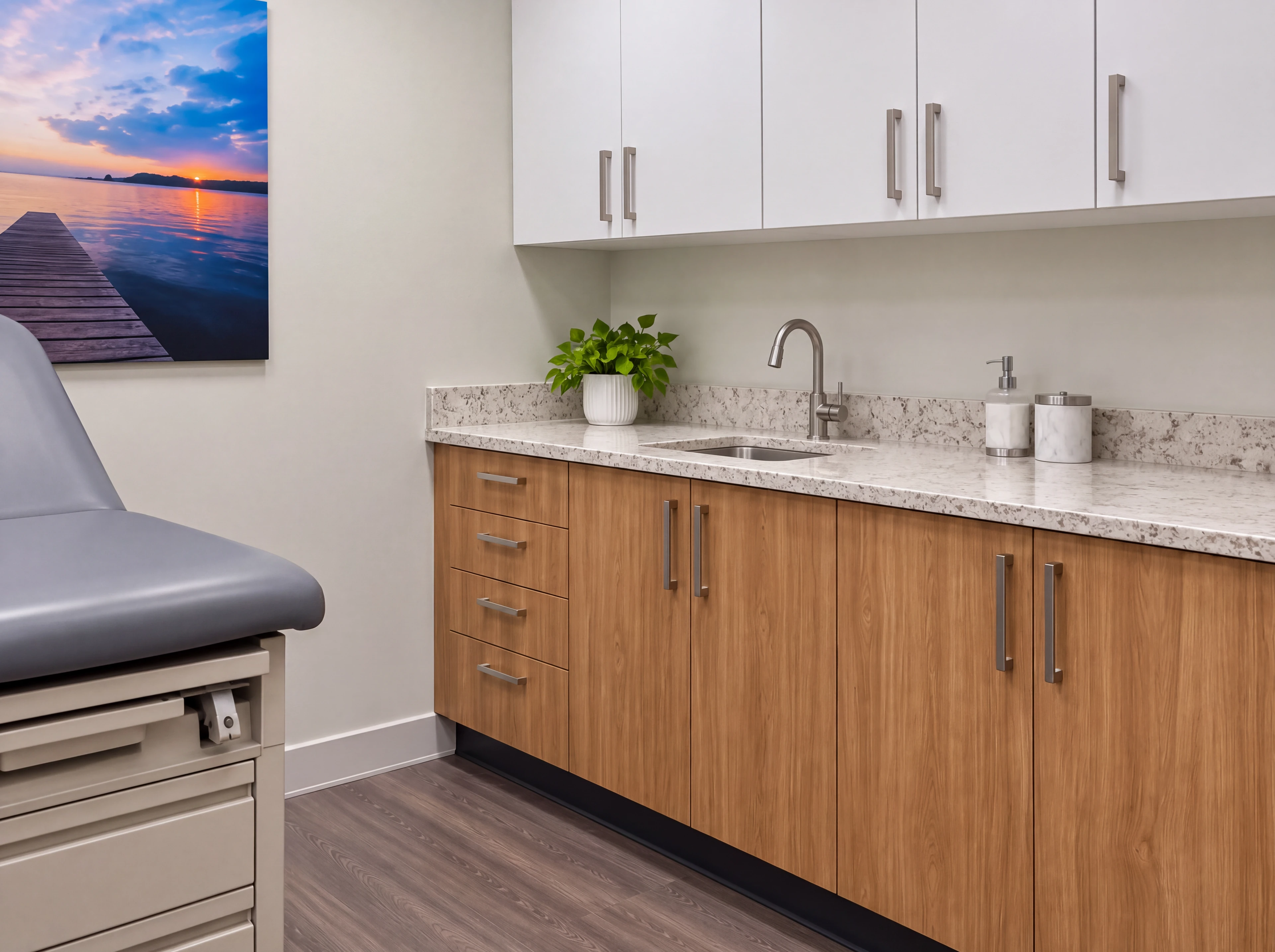 Supplemental Bishop Health project study of warm clinical cabinetry, solid-surface counter and treatment-room finishes.