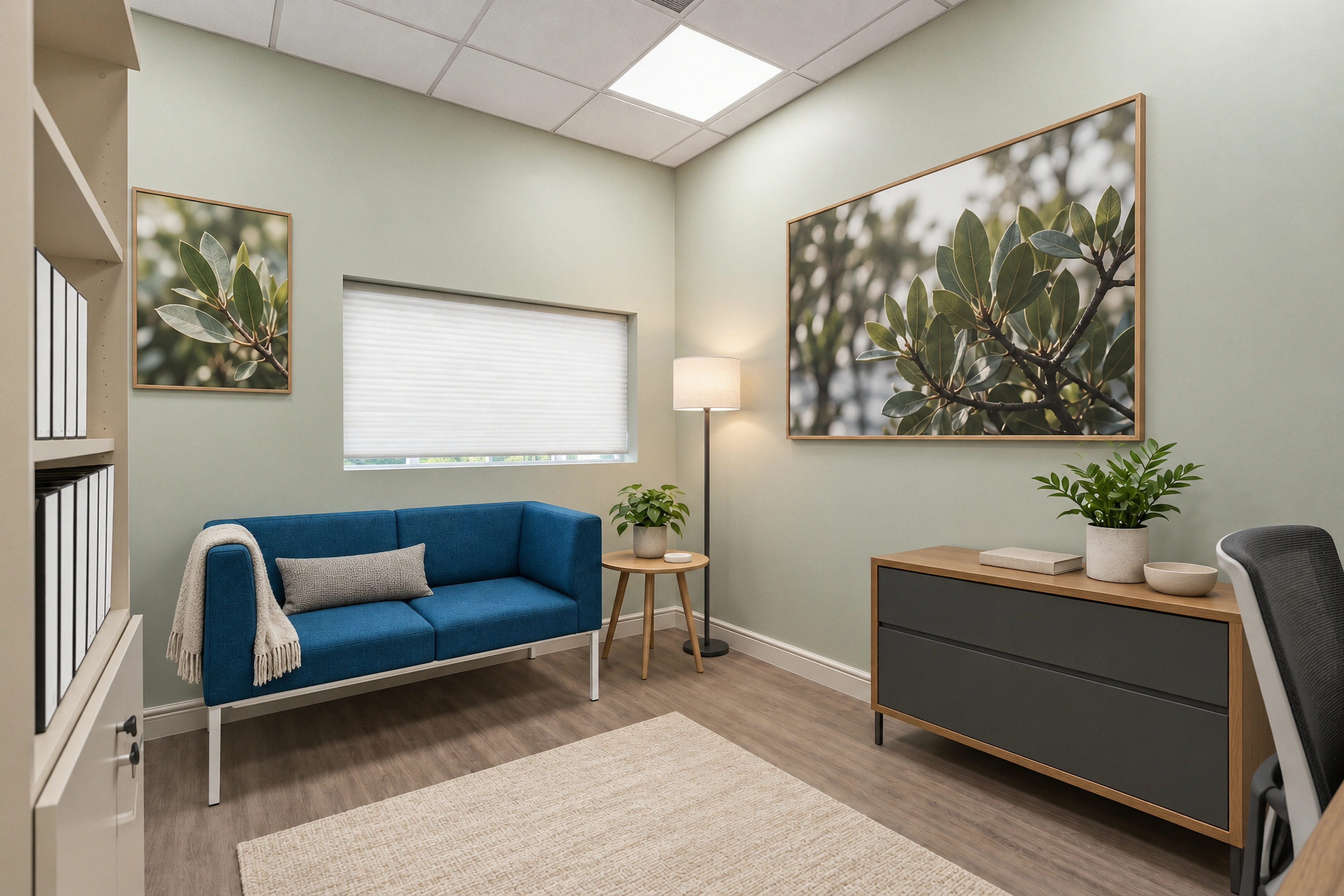A private consultation room with a blue sofa, muted botanical artwork and tactile soft furnishings.