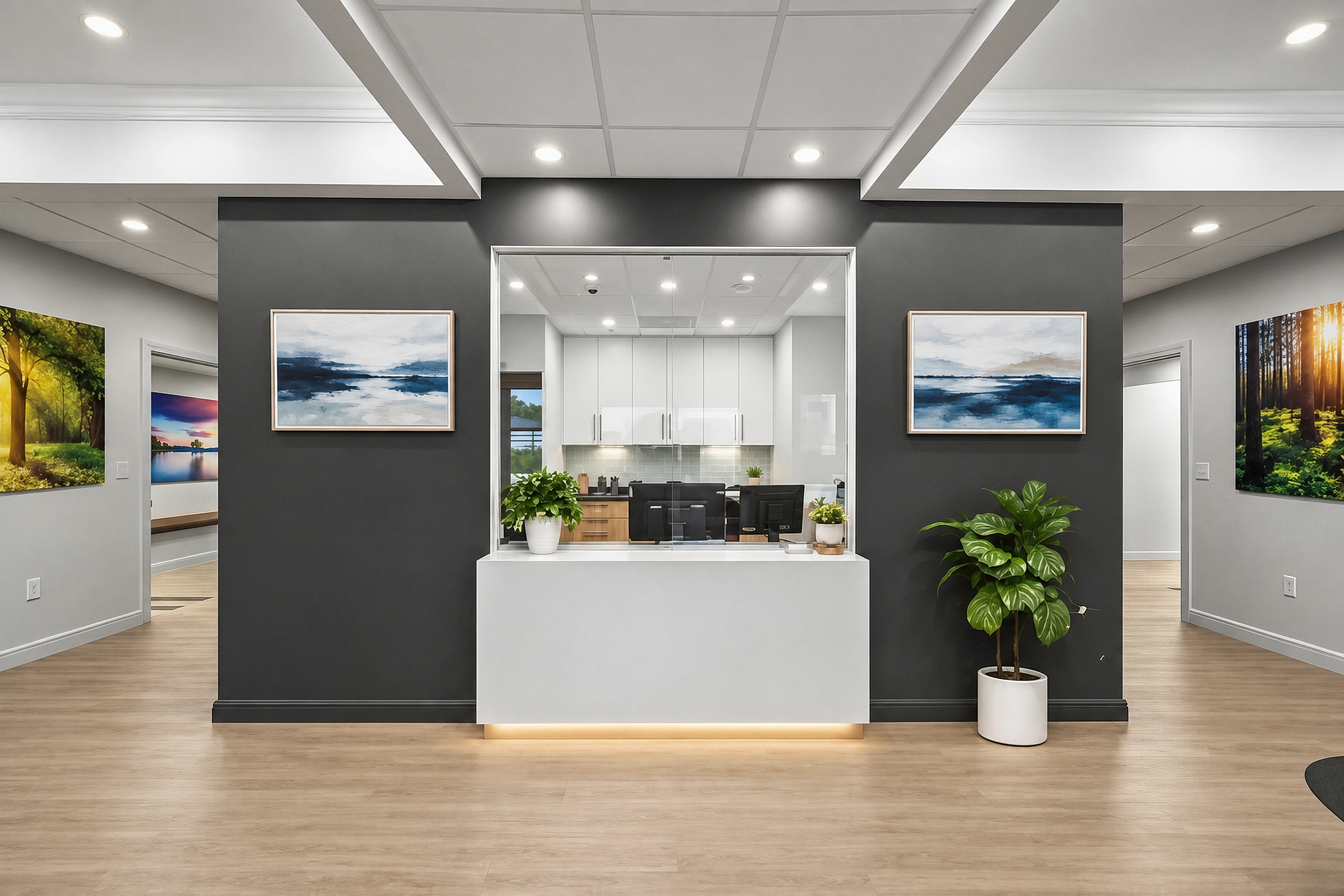 The reception counter, glazed pass-through and charcoal portal between treatment corridors.