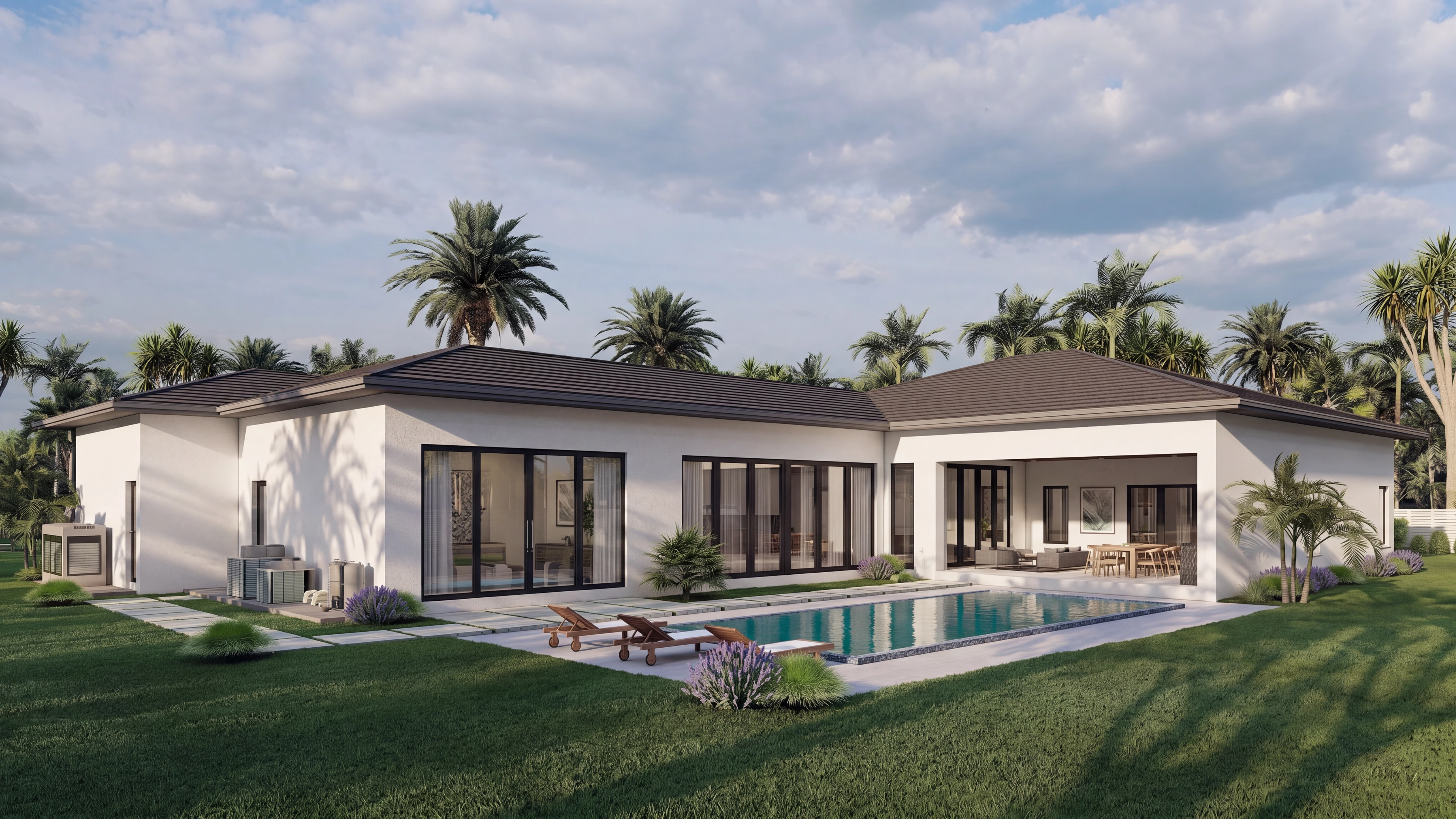 Rear exterior with broad glazing and a pool terrace.