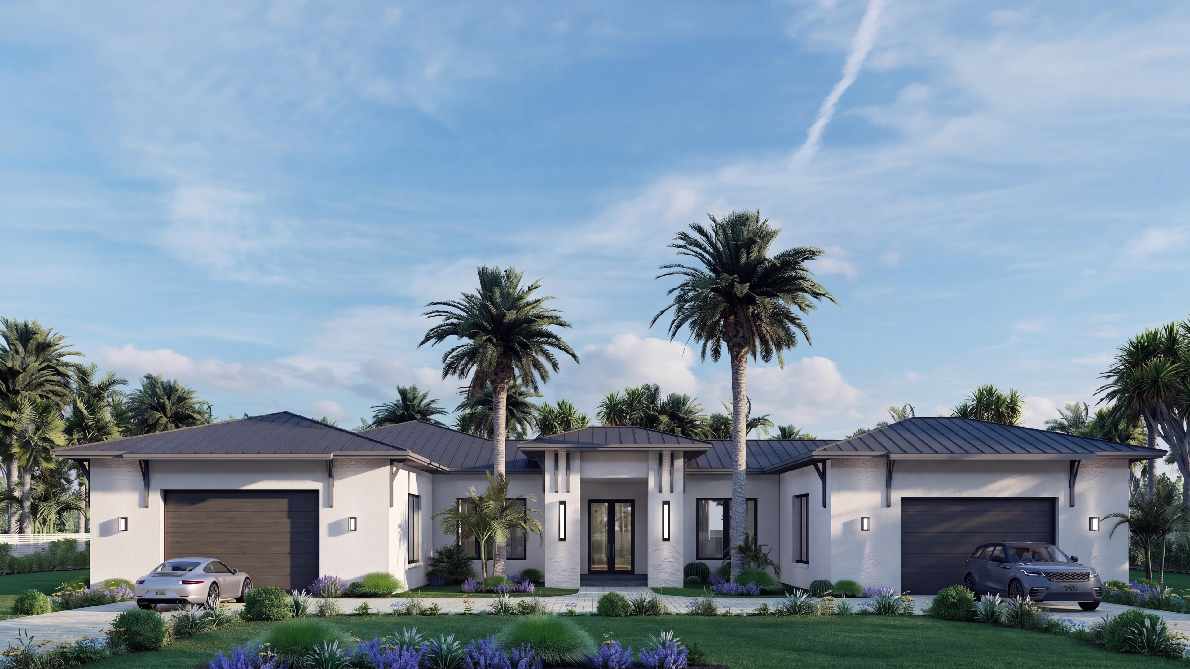 Front elevation of a single-story home framed by palm trees.