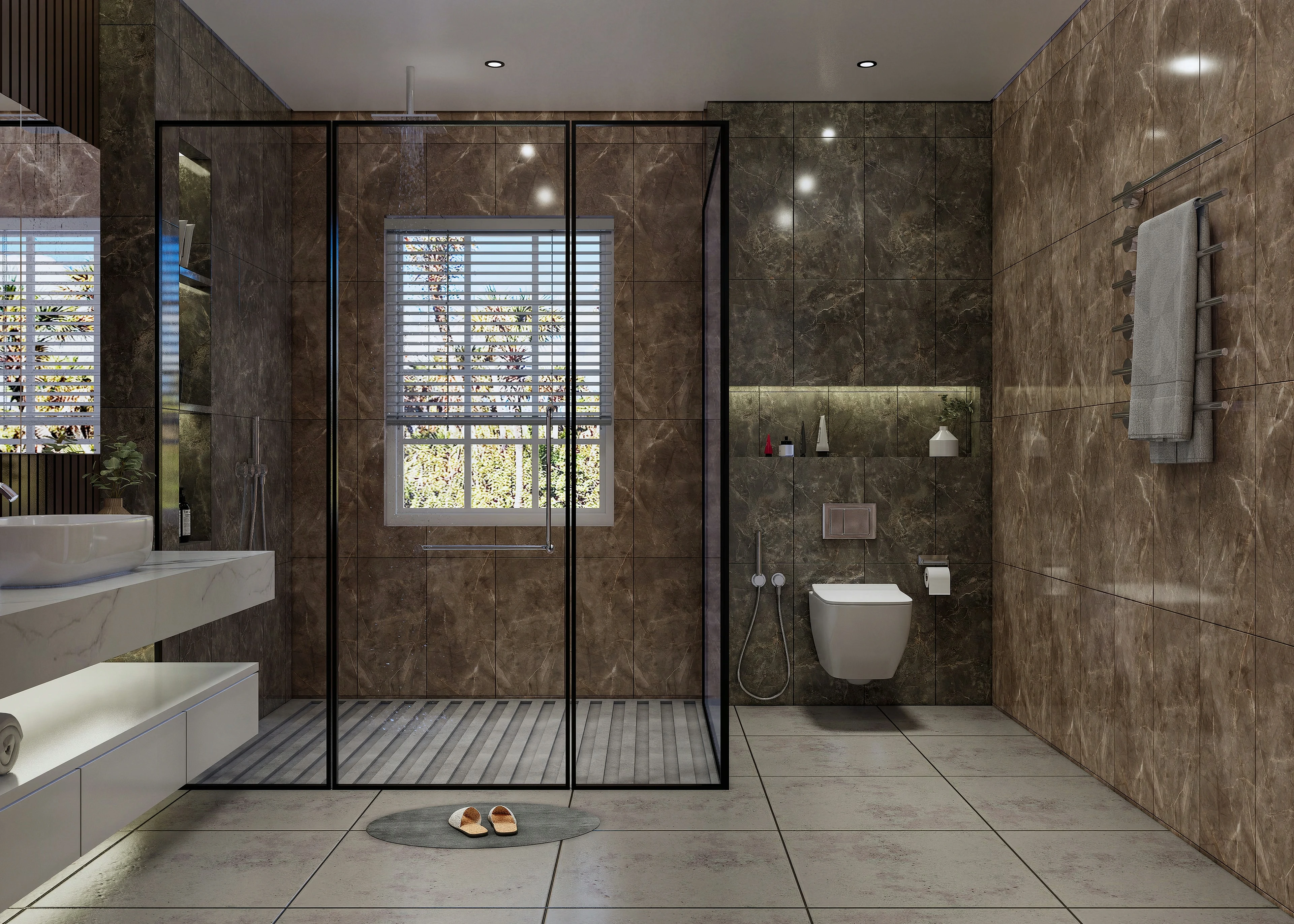 Bathroom with a glass shower and dark stone-patterned walls.