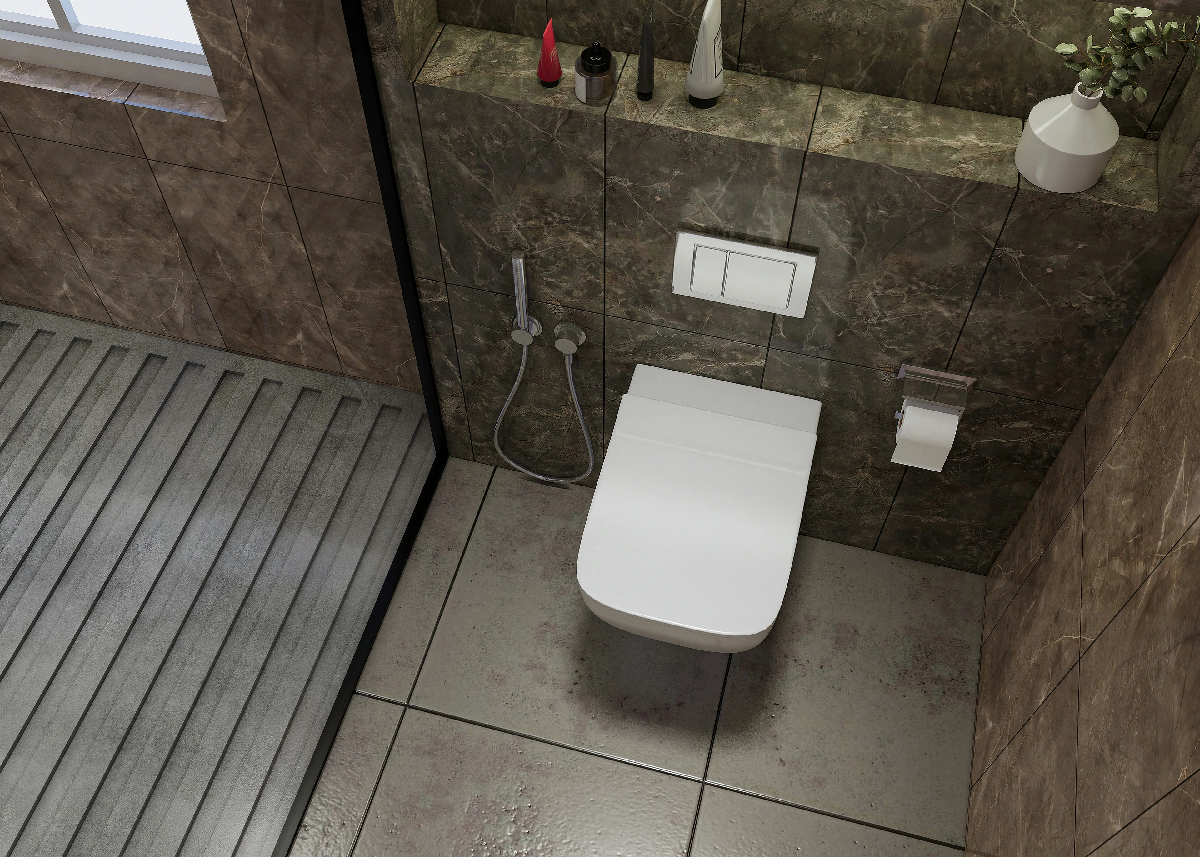 Overhead view of the wall-mounted toilet and shower floor.