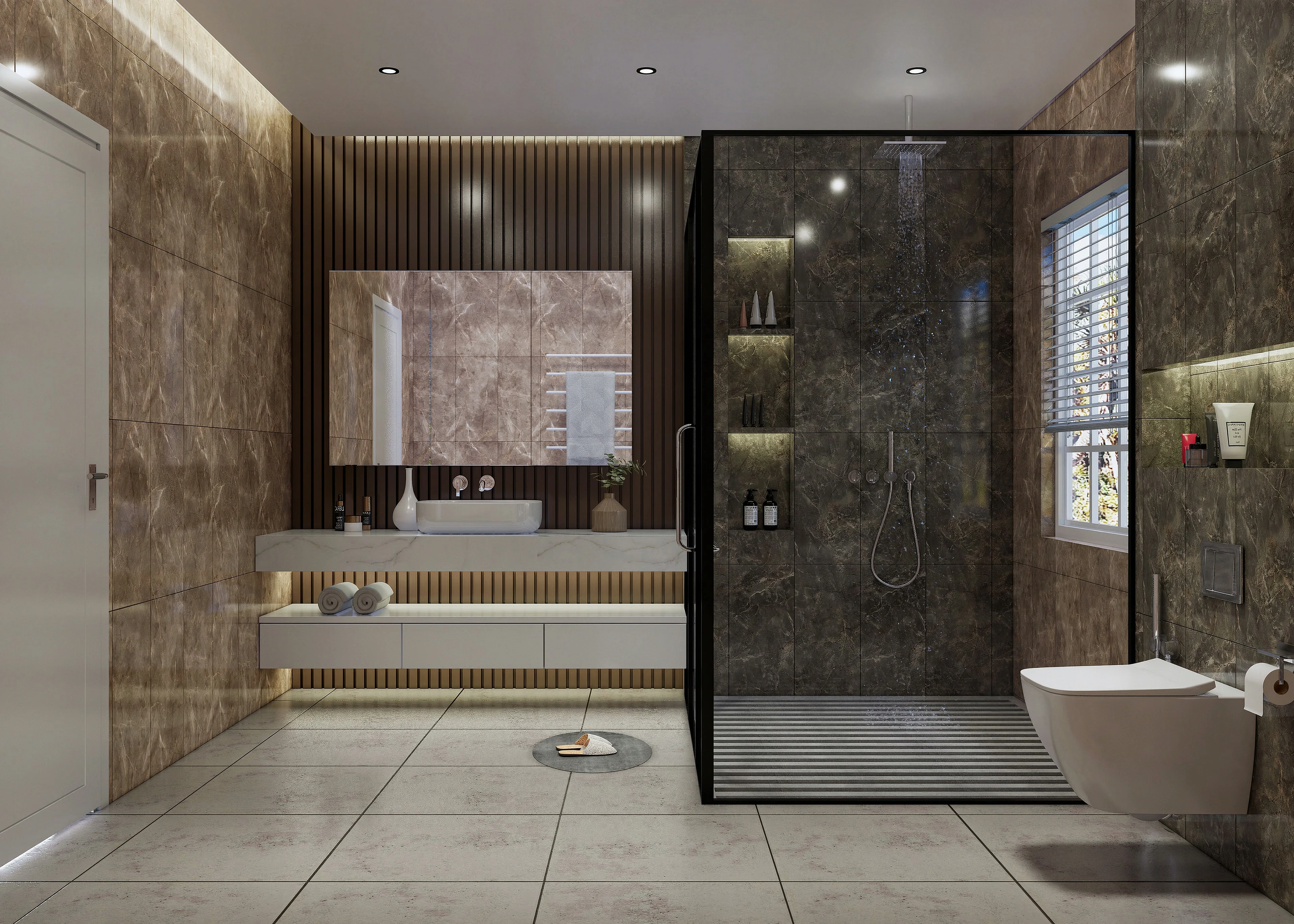 Wide bathroom view showing the vanity, shower and toilet.