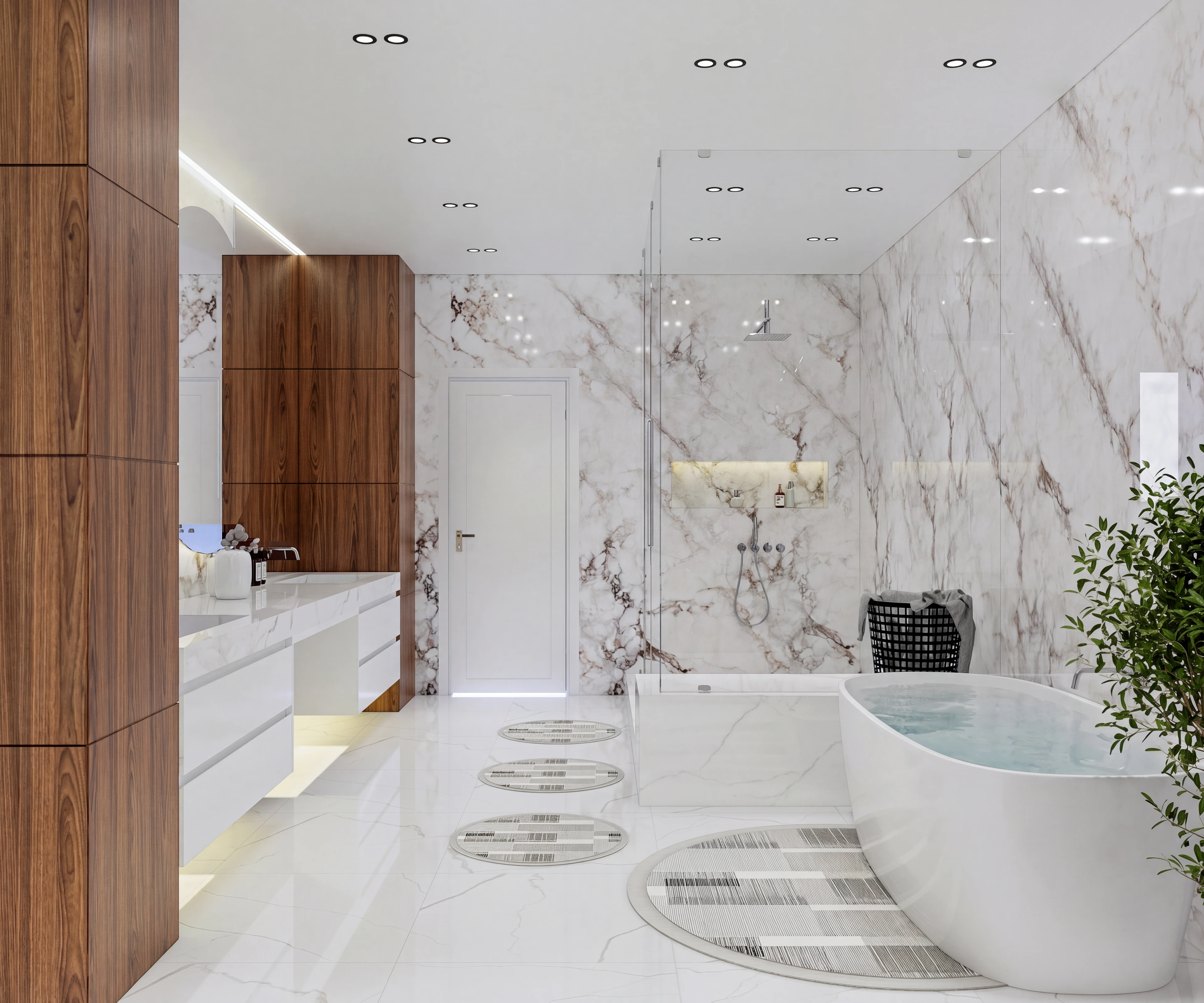 Bathroom with a freestanding tub and wood storage.