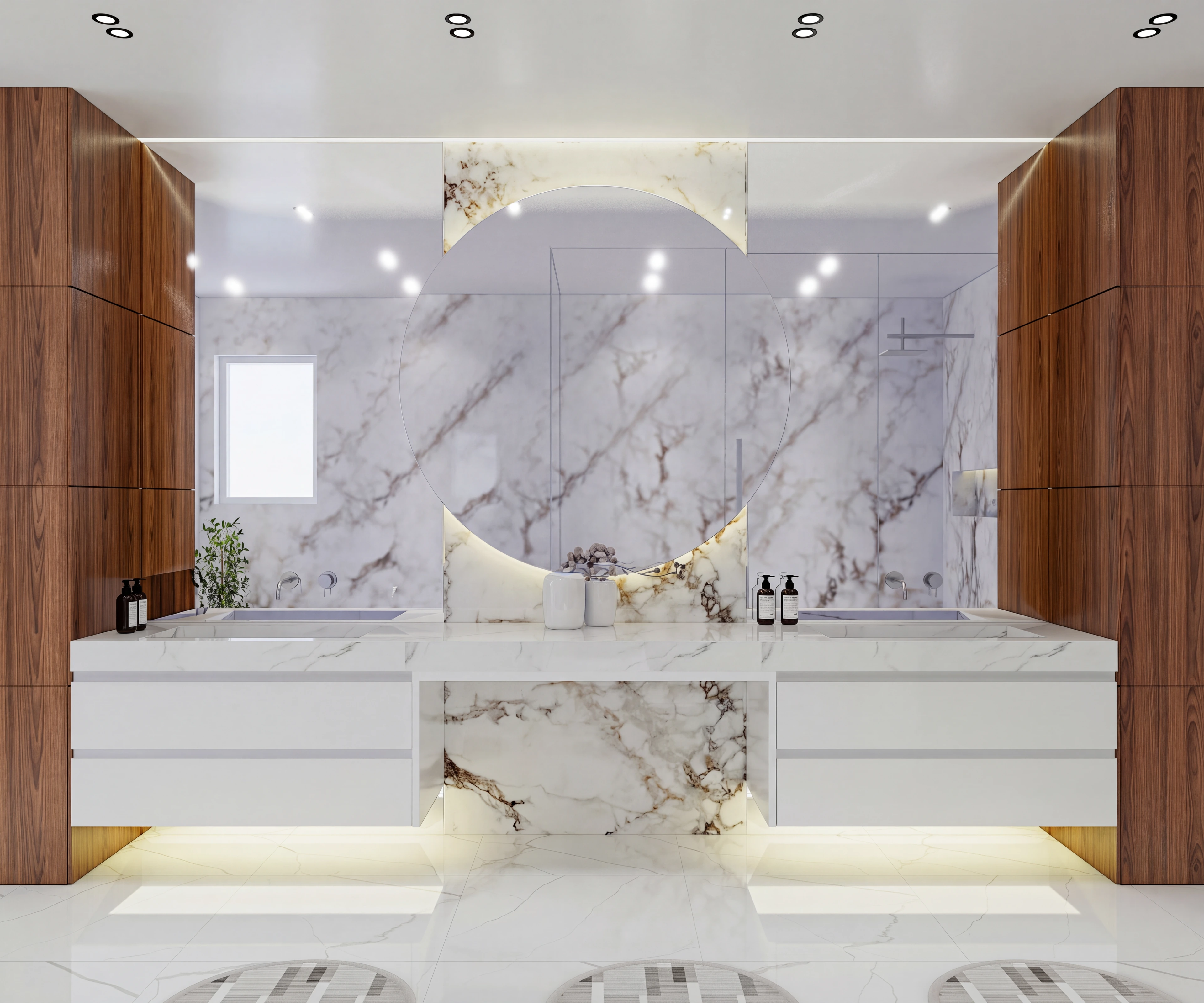 Front view of the double vanity and dramatic stone-patterned wall.