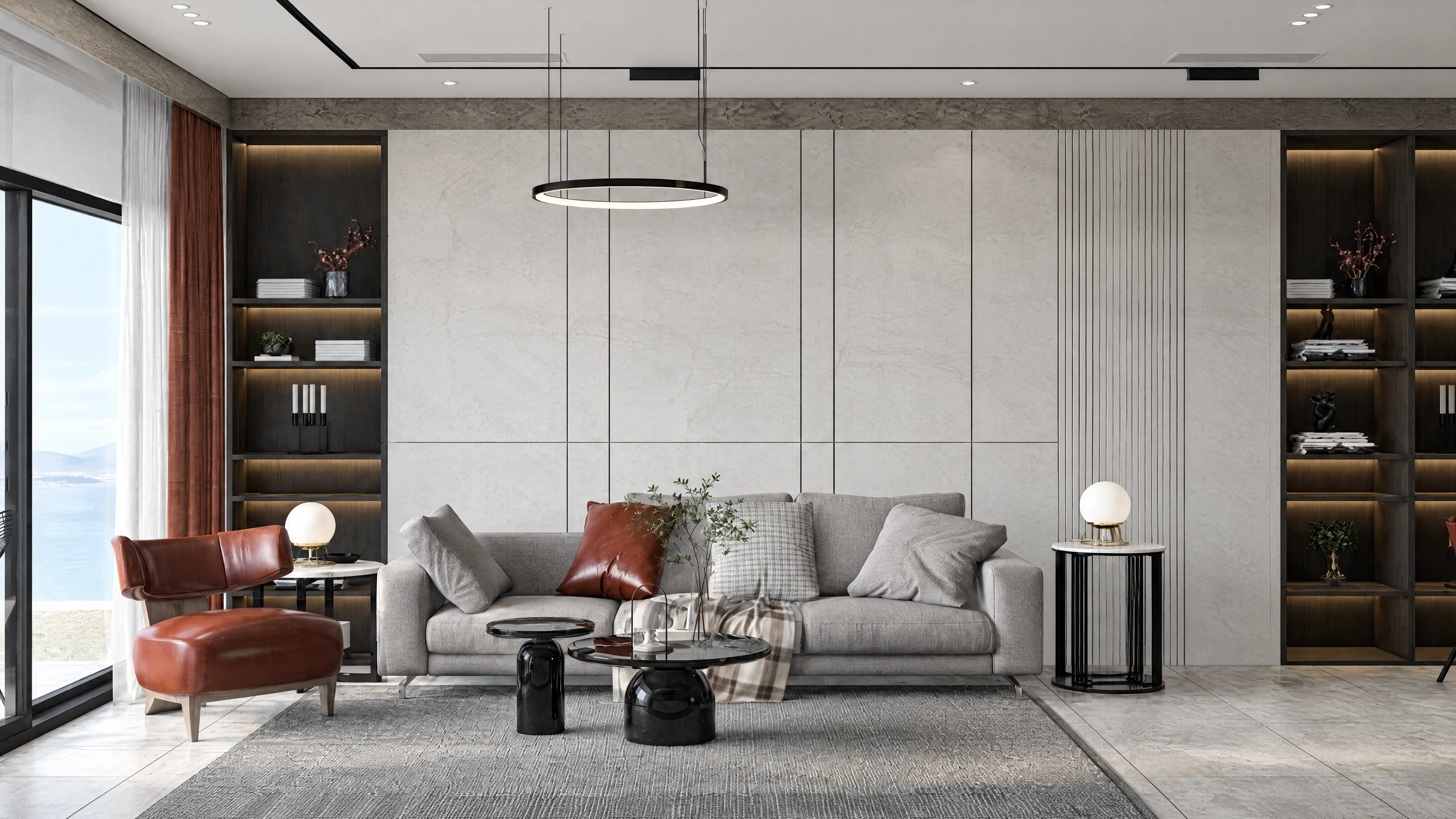 AI-enhanced project view — Condo living area with a gray sofa and red accent chairs.