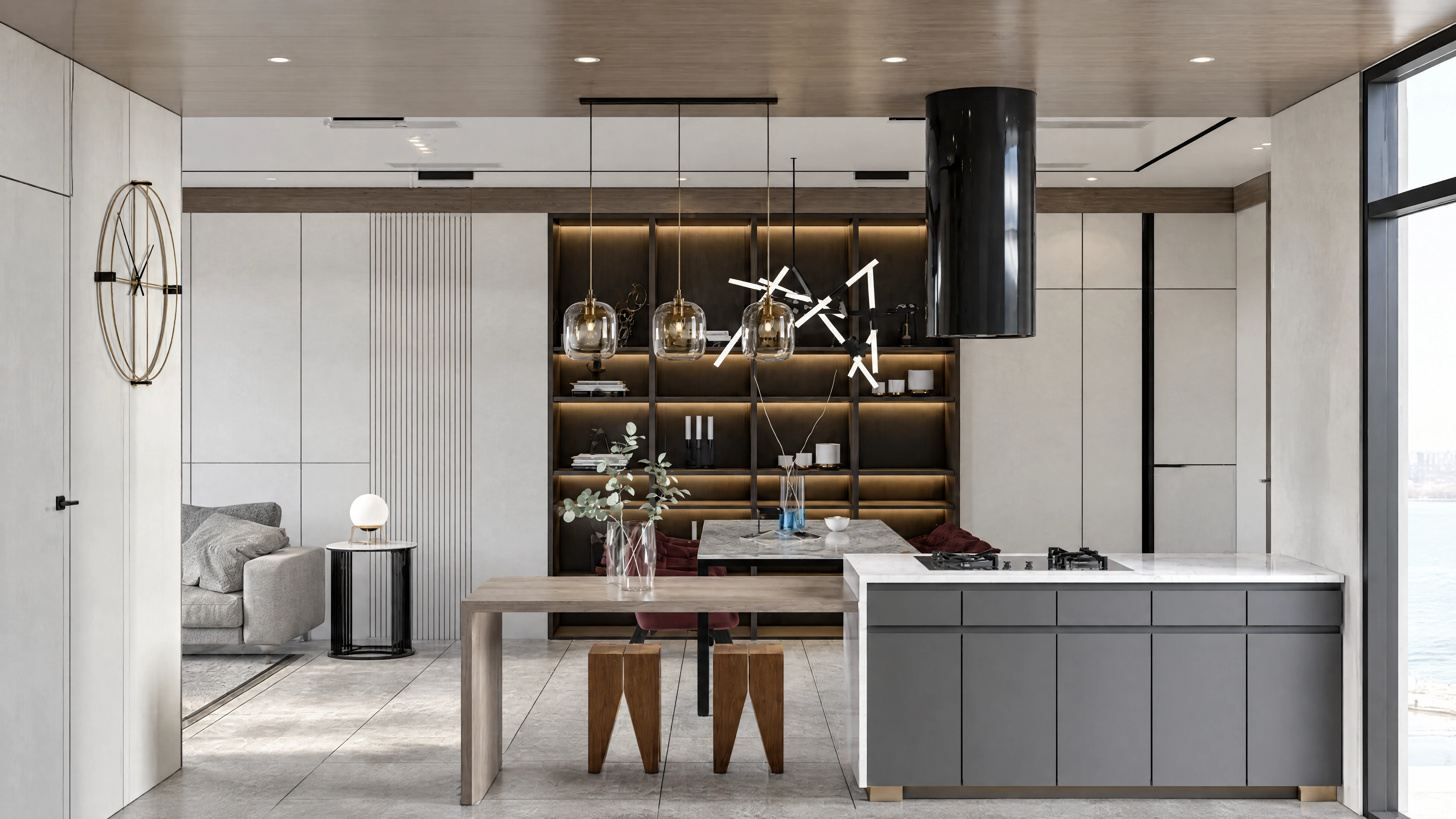 AI-enhanced project view — Condo dining area with tall cabinetry and a wall display.