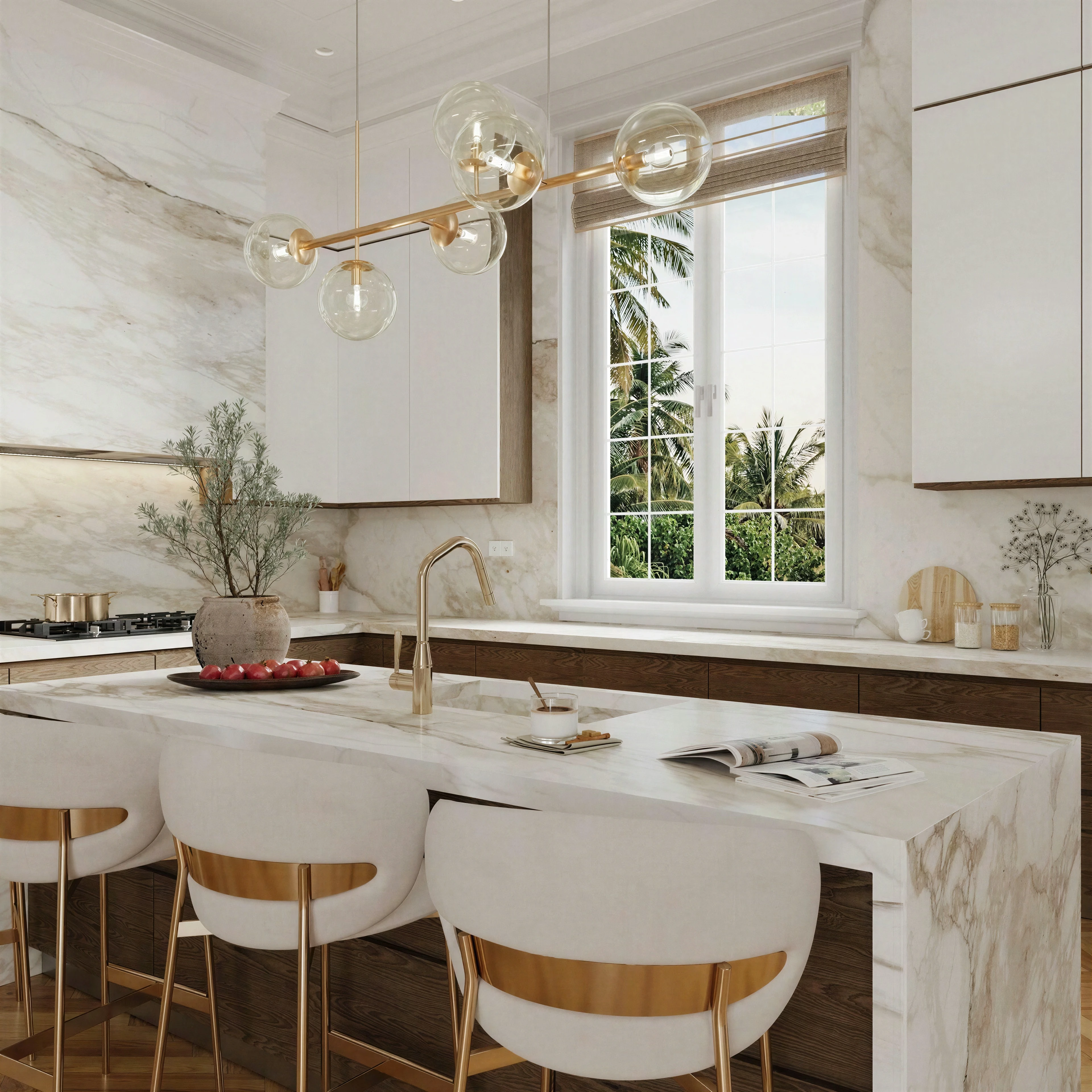 Close view of the island seating and suspended light fixture.
