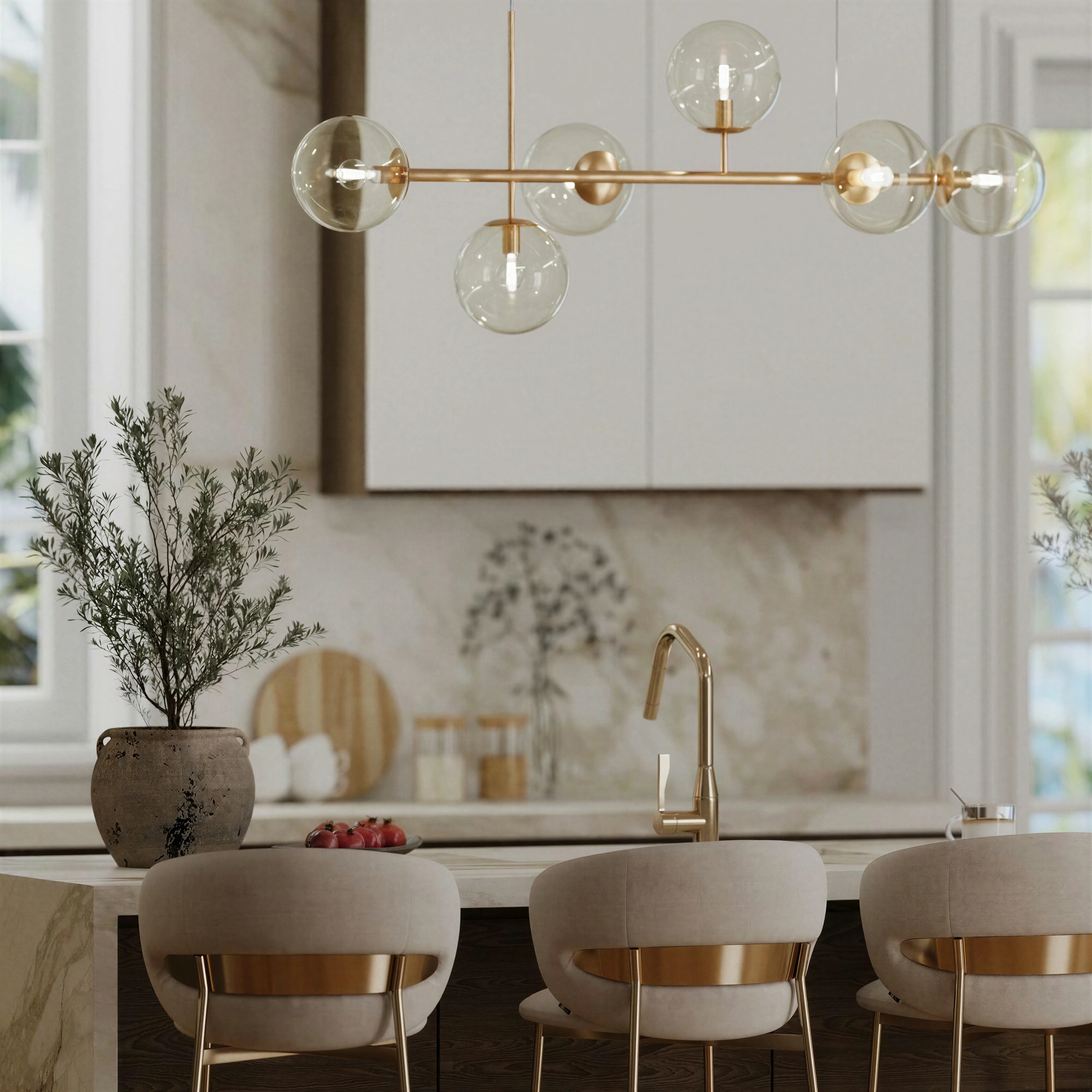 Kitchen cabinetry with a stone backsplash and brass-toned fixtures.