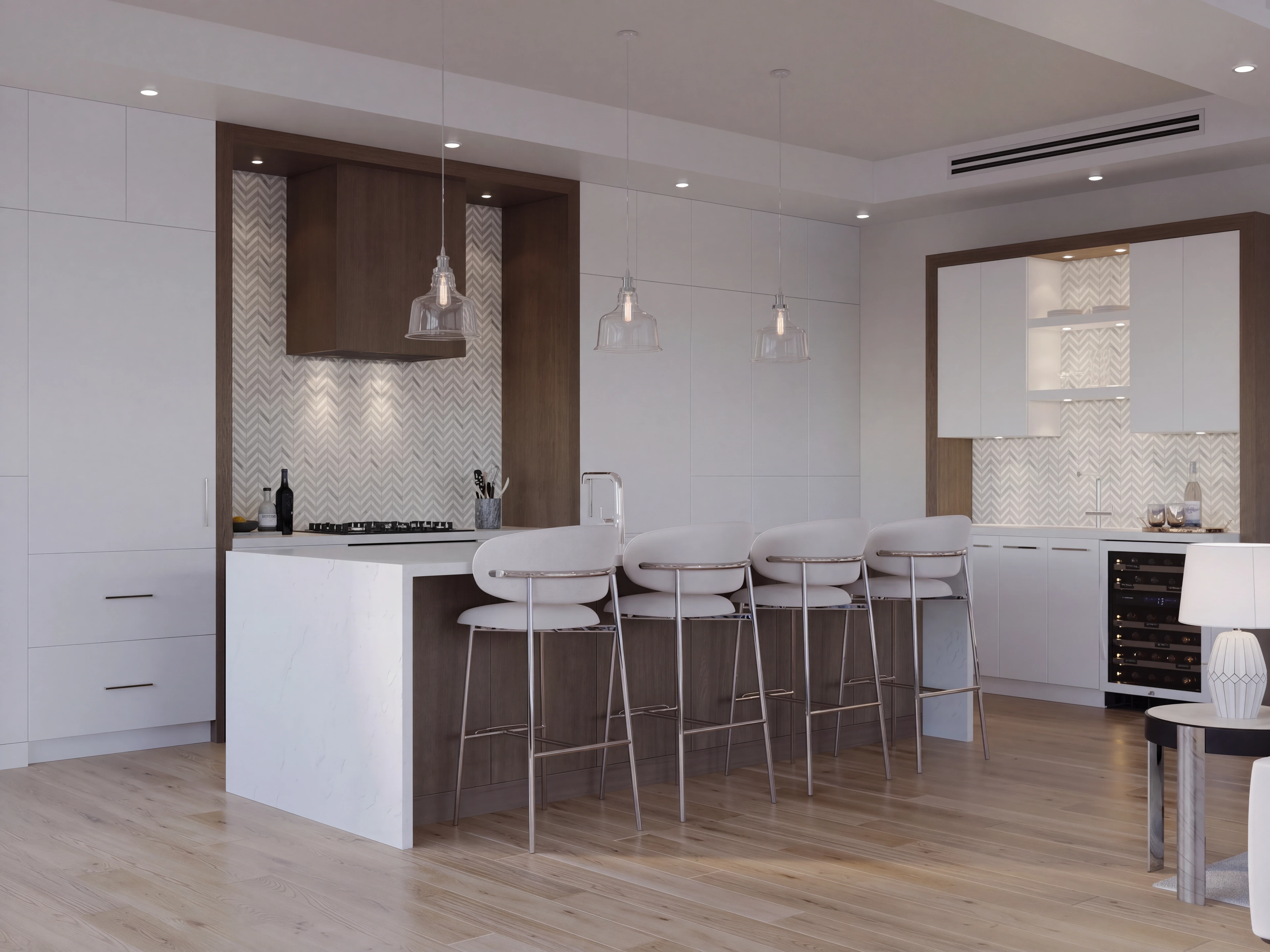 Kitchen with island seating and wood cabinetry.