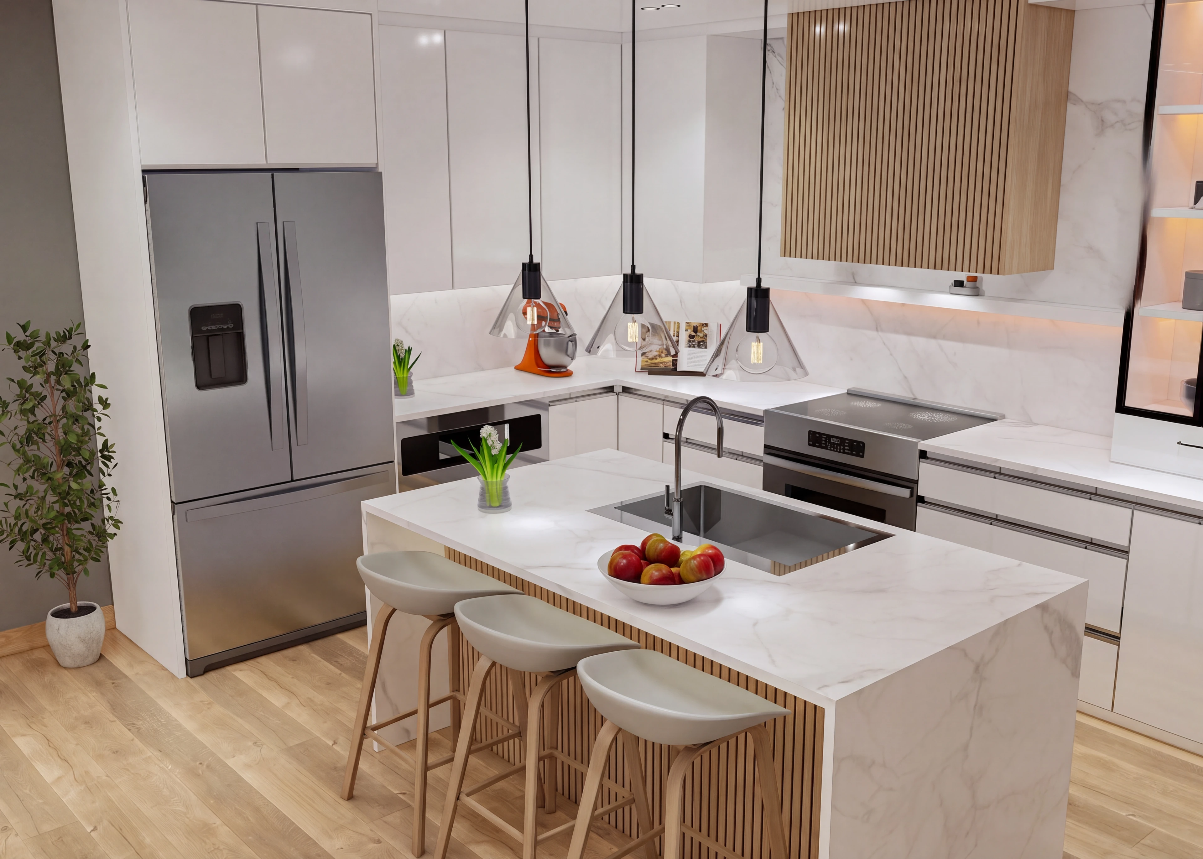 White kitchen island with counter seating and a refrigerator beyond.