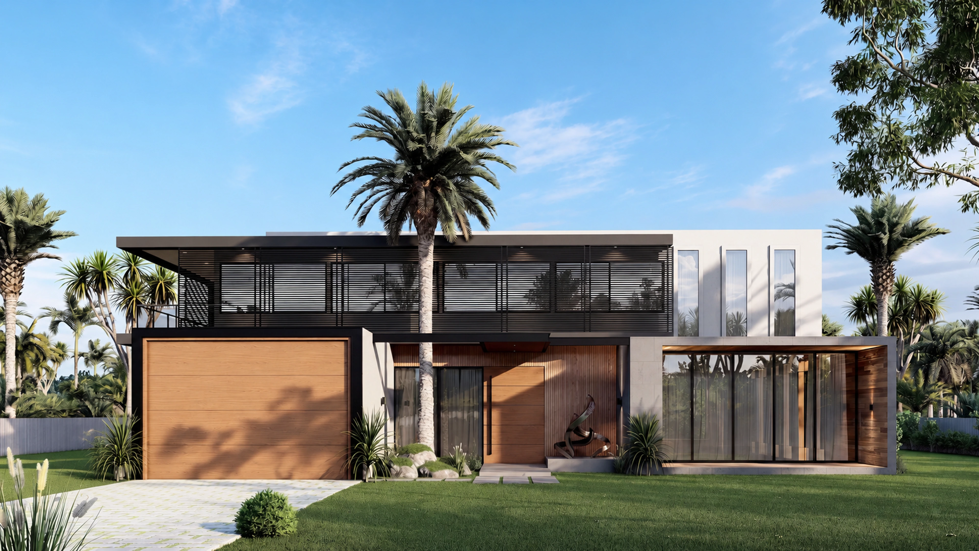 Front exterior of a modern home with wood-toned garage doors.