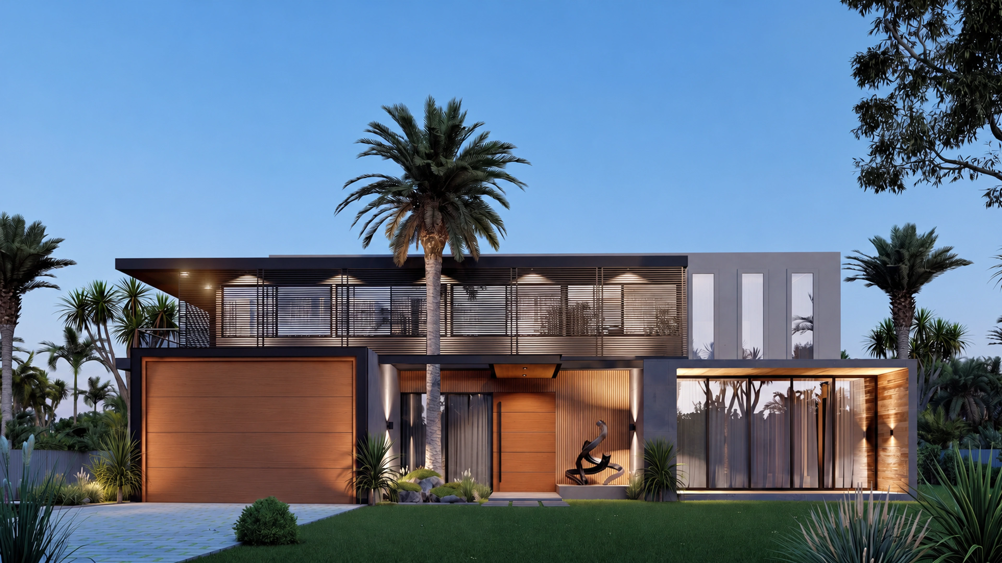 Front exterior with warm lighting at dusk.
