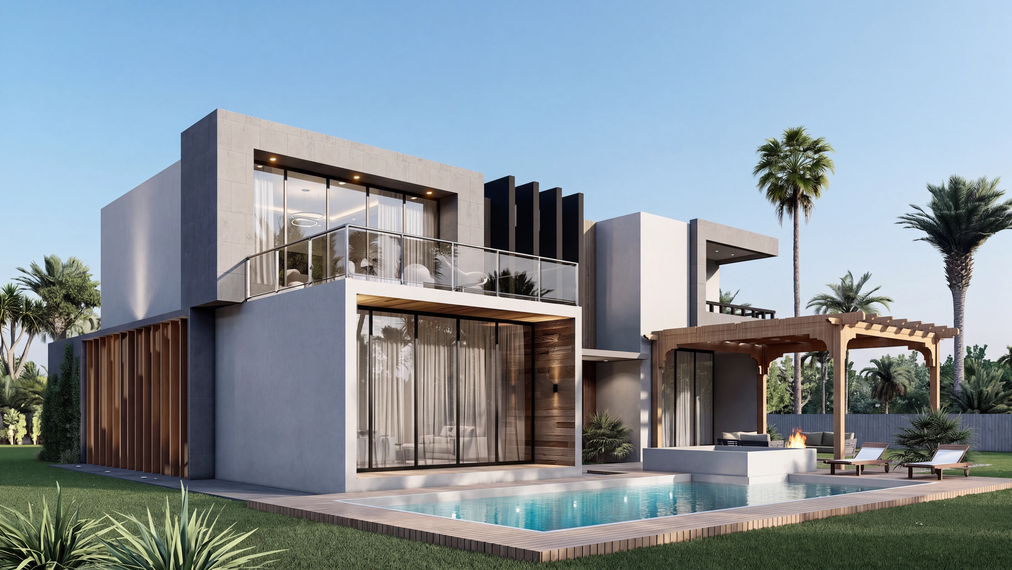 Pool beside the glazed rear elevation of the home.